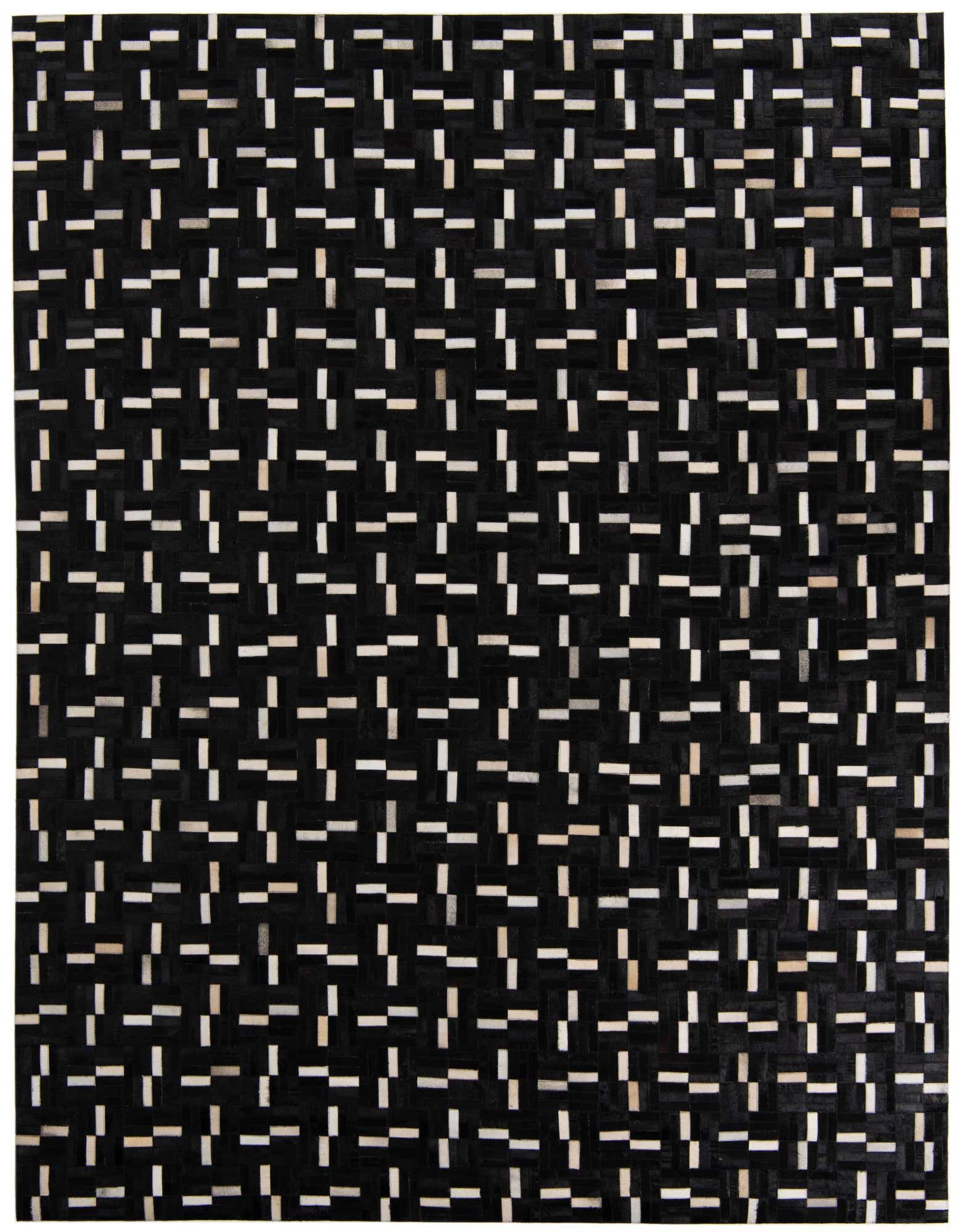 A rectangular 8x10 black cowhide and leather rug with a modern geometric pattern of light-colored dashes.