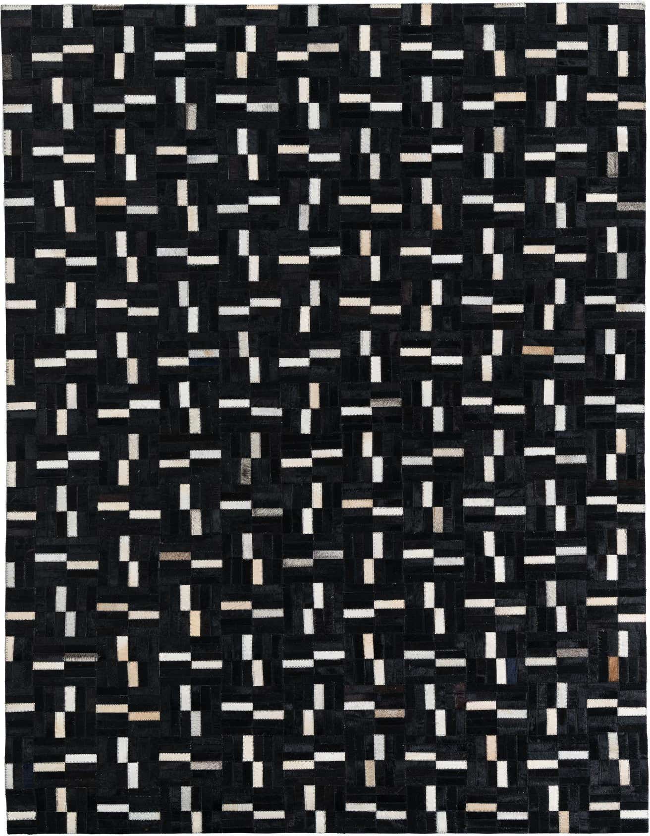 A 5x8 rectangular black cowhide rug with a modern stripe pattern, featuring alternating horizontal and vertical white and cream leather strips.