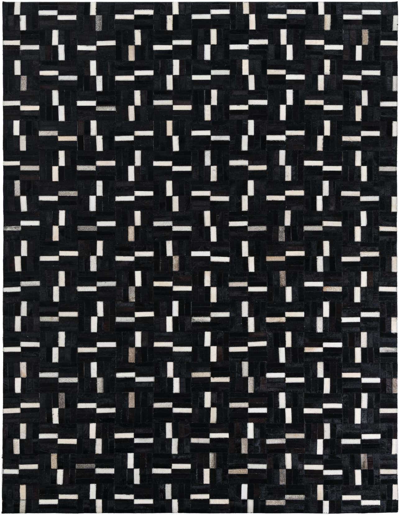 A 5x8 rectangular black cowhide leather rug with a modern stripe pattern made of alternating dark and light rectangular patches.