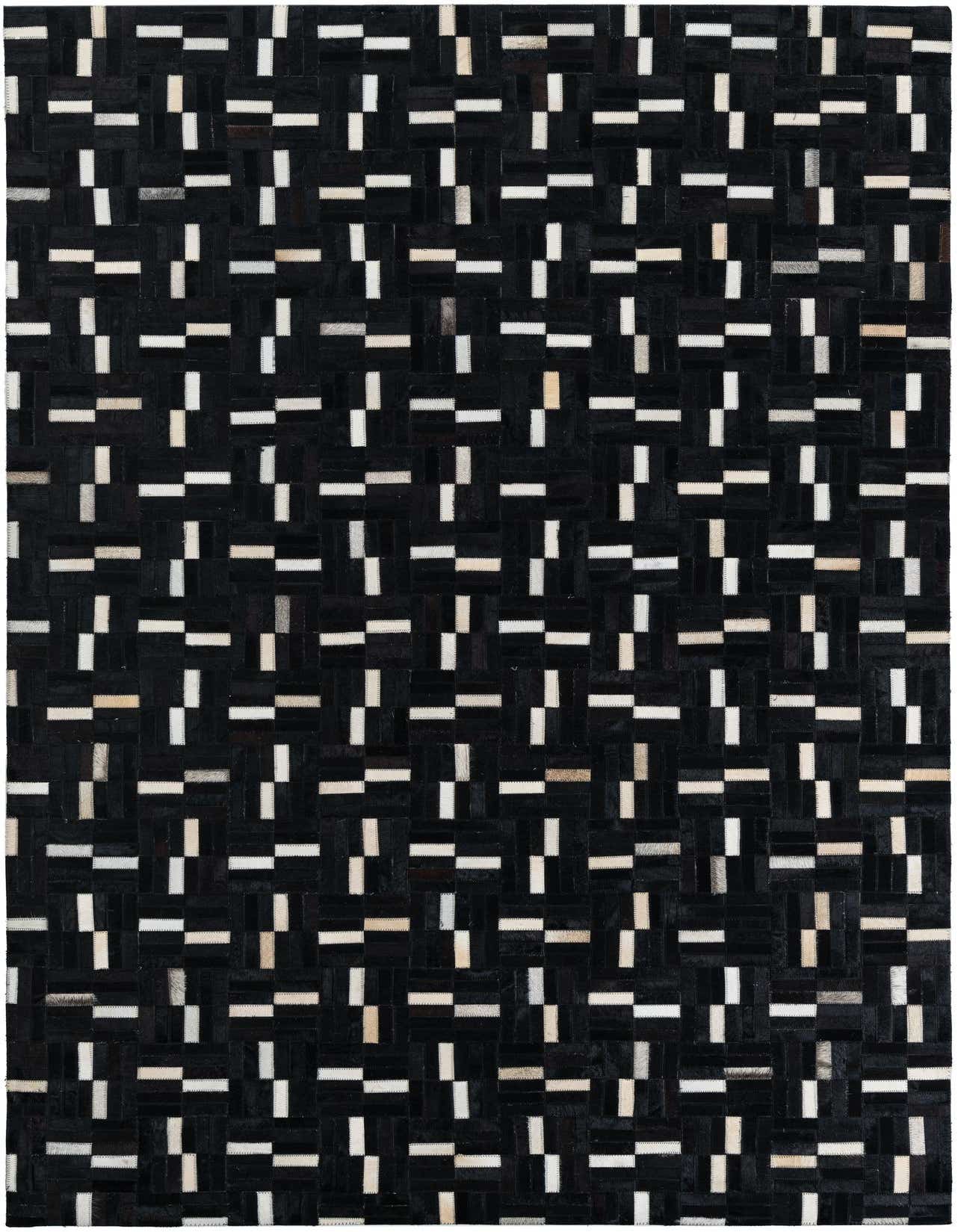 A 5x8 rectangular black cowhide rug with a modern stripe pattern, featuring alternating black and off-white leather patches.