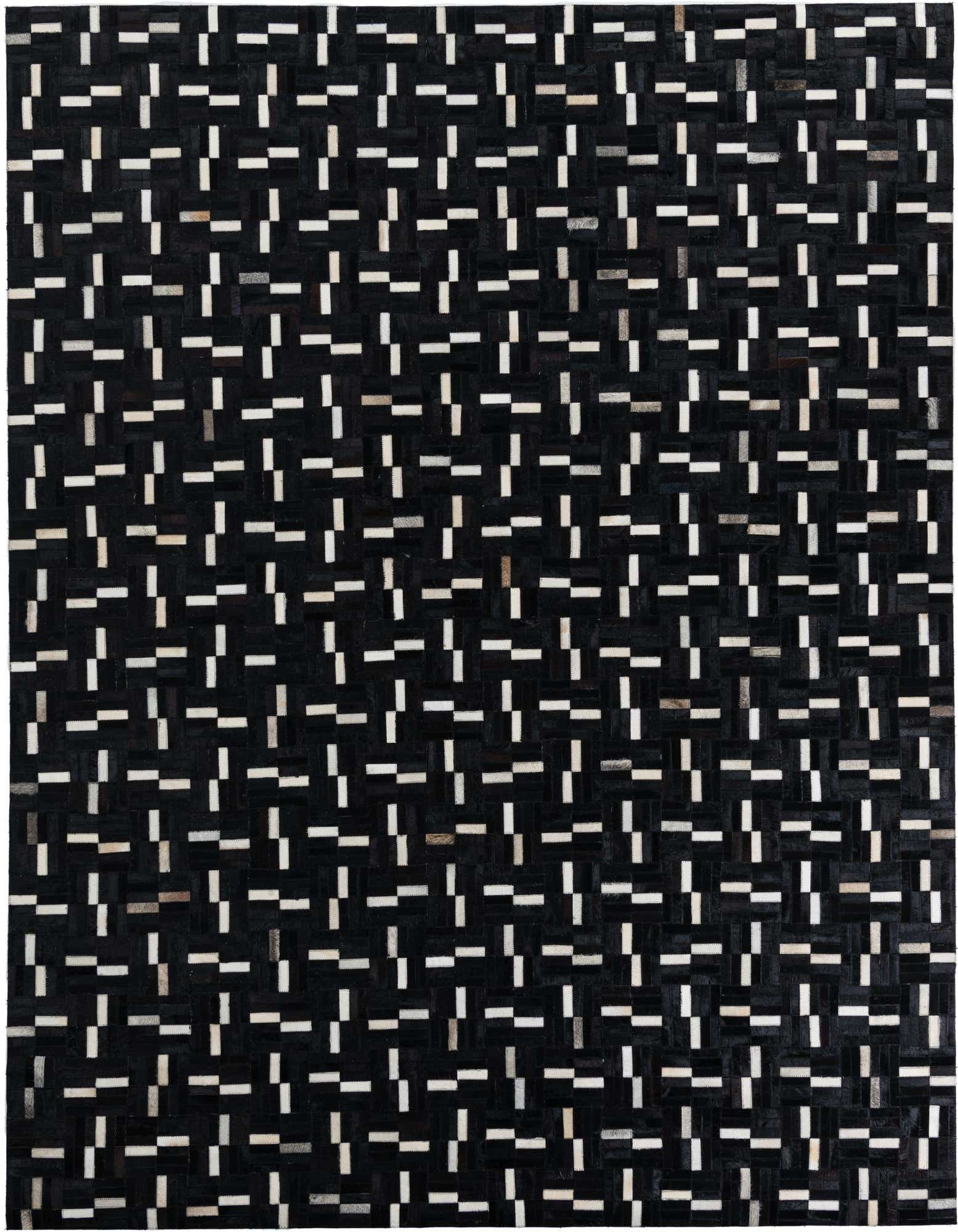 A rectangular 8x10 black cowhide rug with a modern stripe pattern of white and light brown dashes.