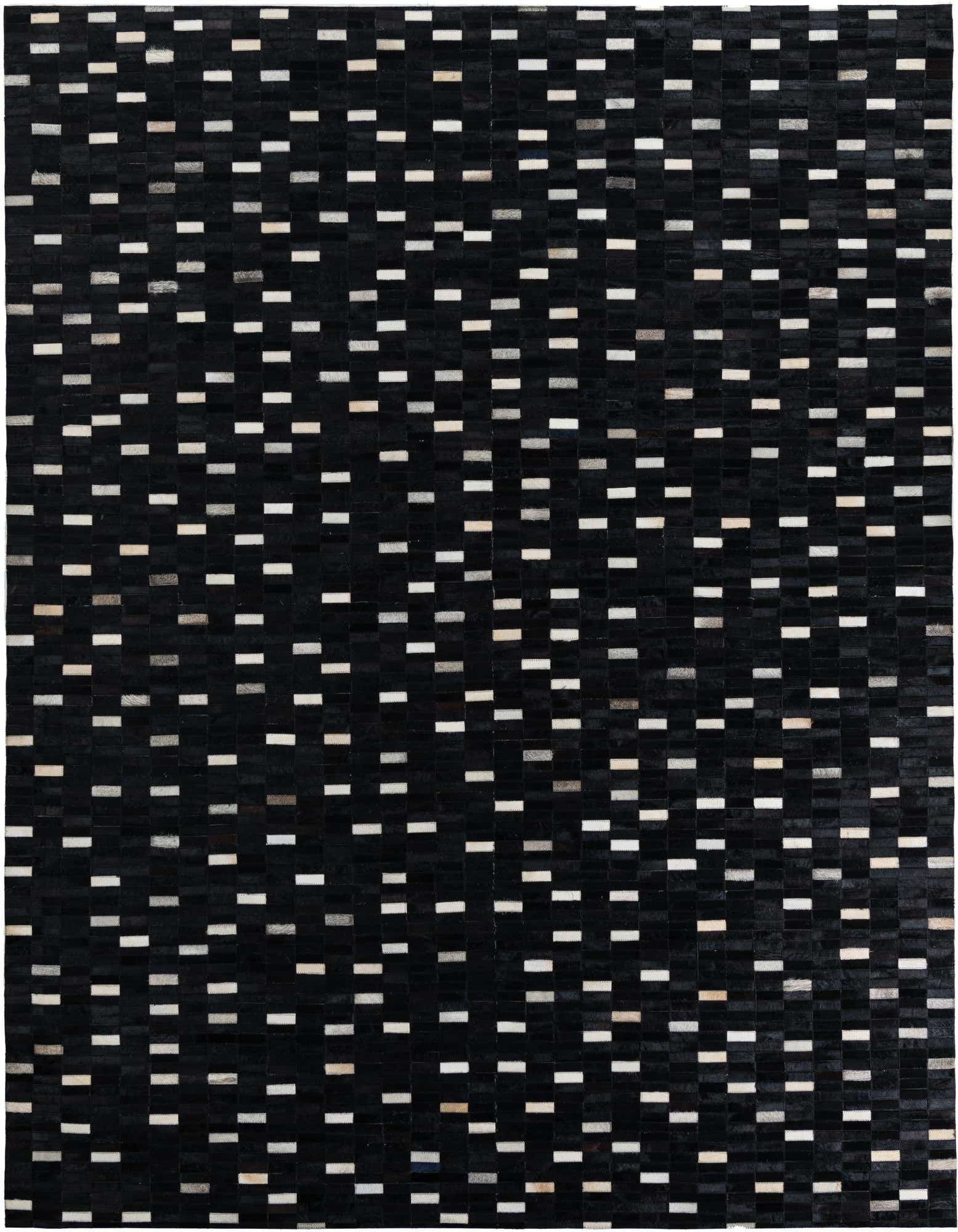 A rectangular 8x10 black cowhide rug with a modern stripe pattern featuring small white and grey rectangular patches.