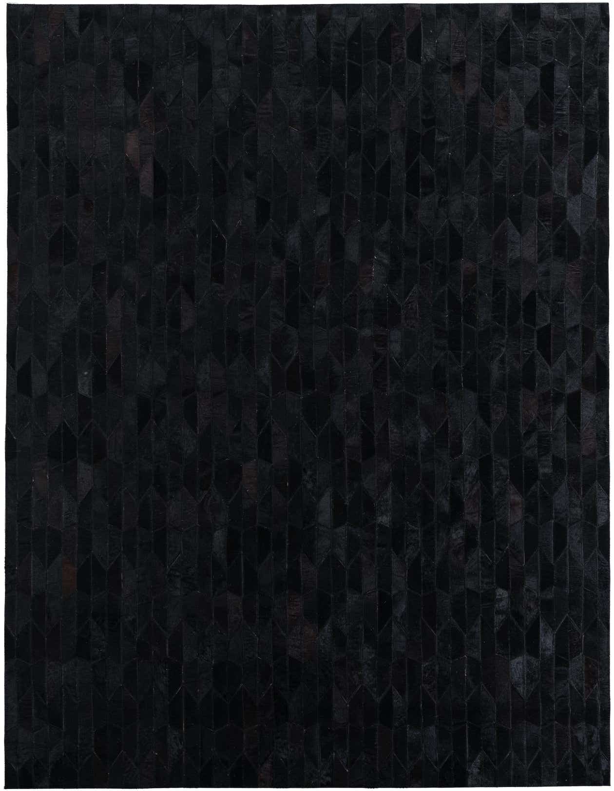 A 5x8 rectangular black cowhide leather rug with a modern, abstract geometric pattern, suitable for a living room.