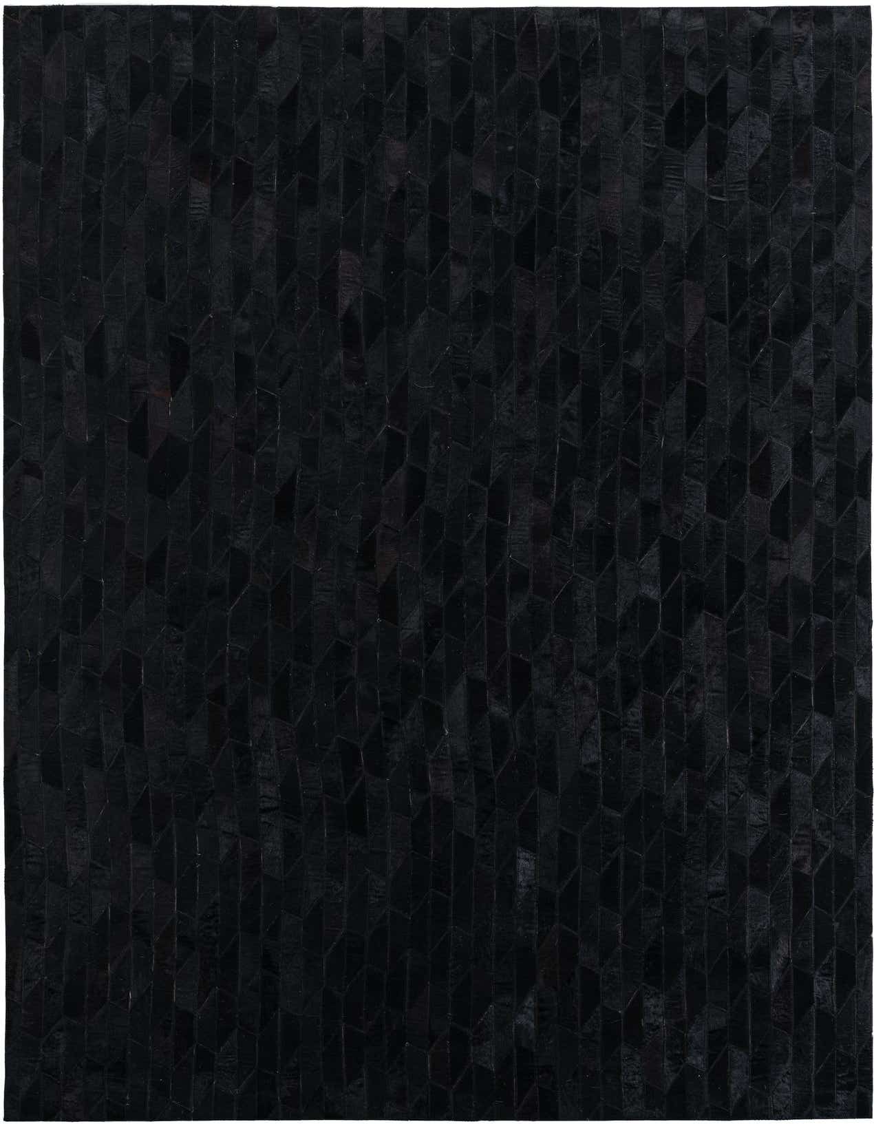 A 5x8 rectangular black cowhide leather rug with a modern striped pattern, ideal for a living room.