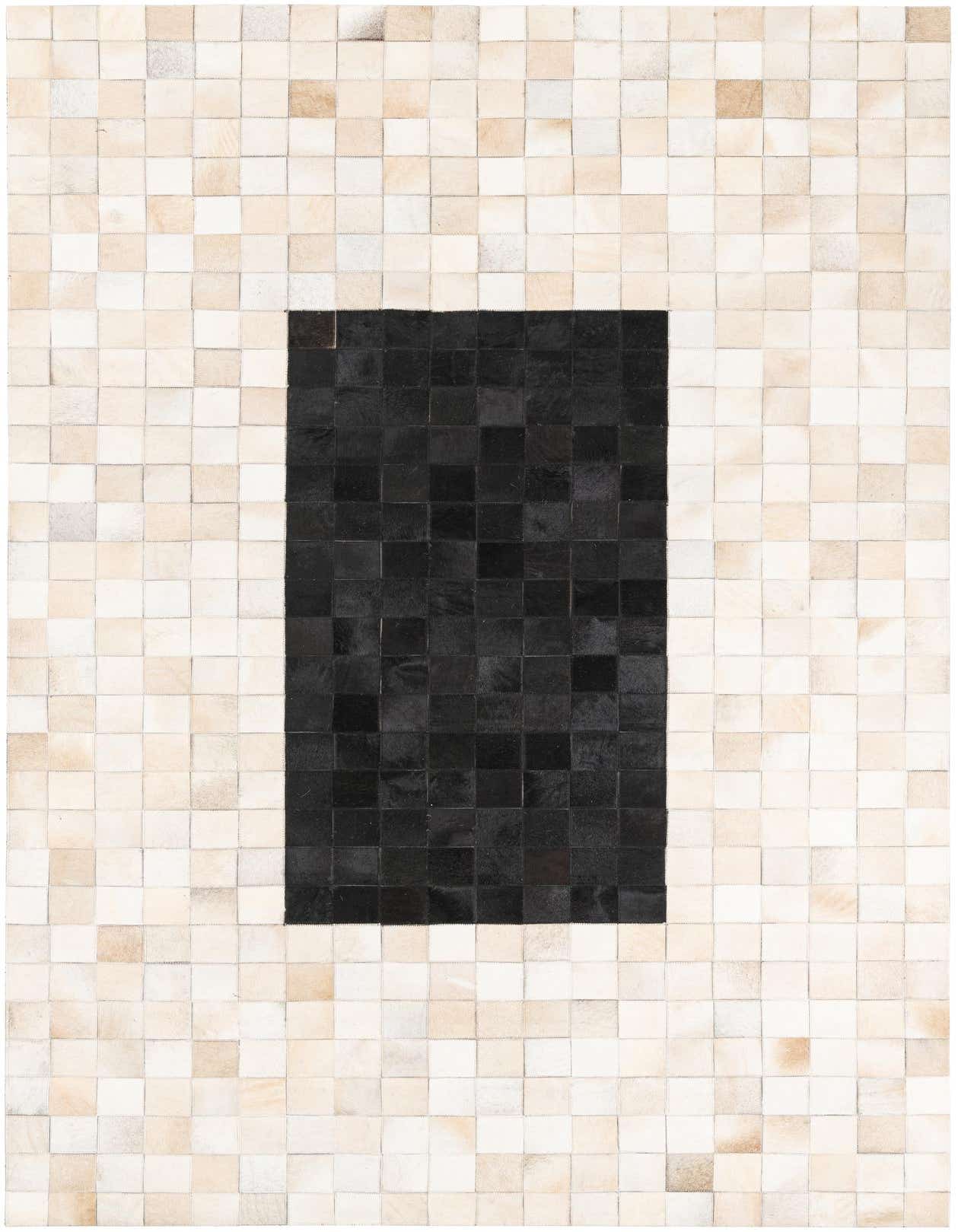 A 5x8 rectangular Cowhide Leather rug featuring a modern design with a central black square patch surrounded by a border of cream and beige cowhide squares.