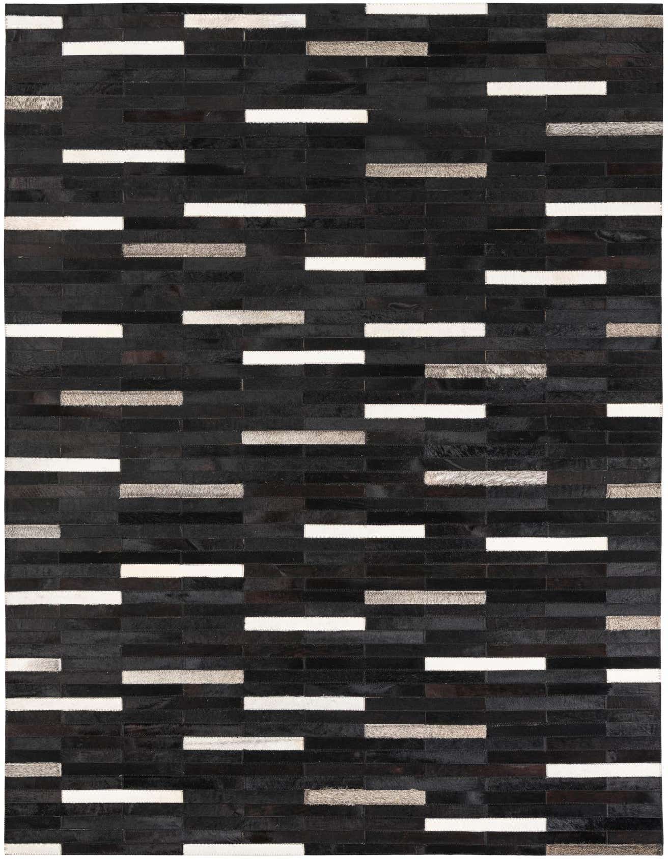 A 5x8 rectangular black cowhide and leather rug with a modern stripe pattern, featuring alternating black, white, and gray horizontal strips.