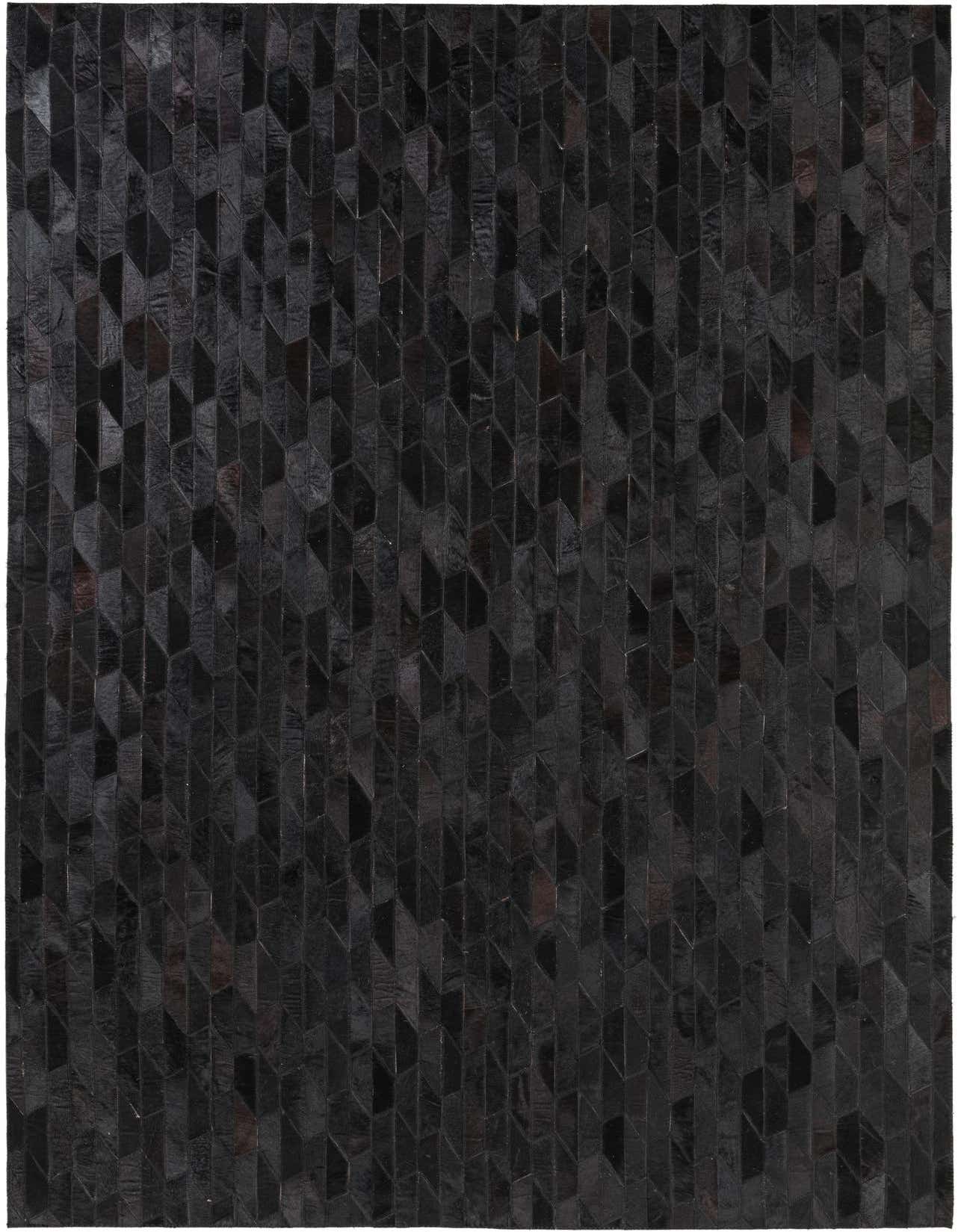 A 5x8 rectangular black cowhide leather rug with a modern abstract geometric pattern of varying dark shades.
