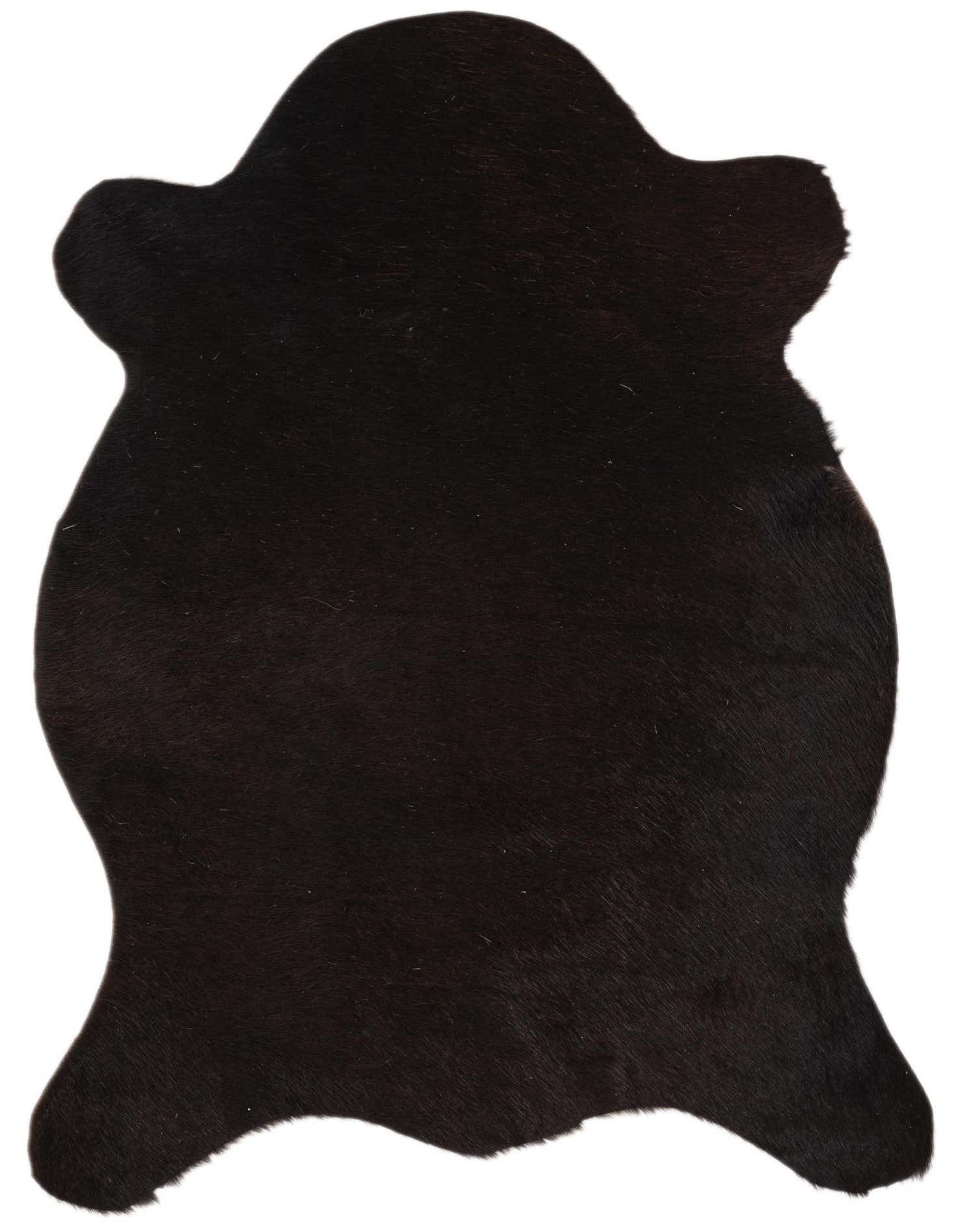 A 2x3 black cowhide leather rug with an irregular, natural shape, suitable for a modern entryway.