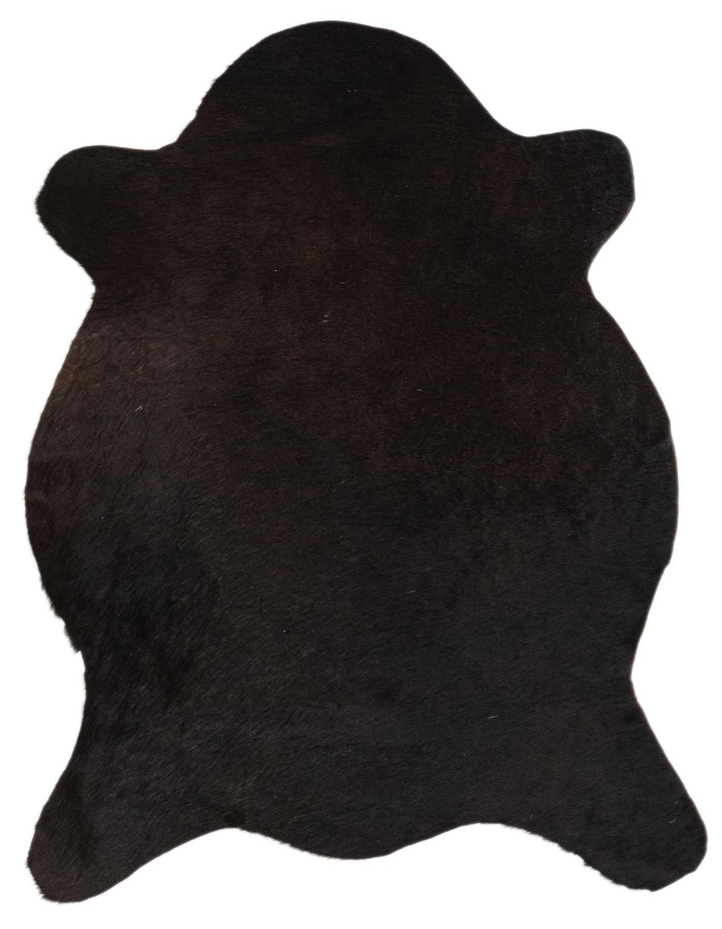 A 2x3 black rectangular cowhide rug with a natural, irregular shape, showcasing its dark, textured pile.