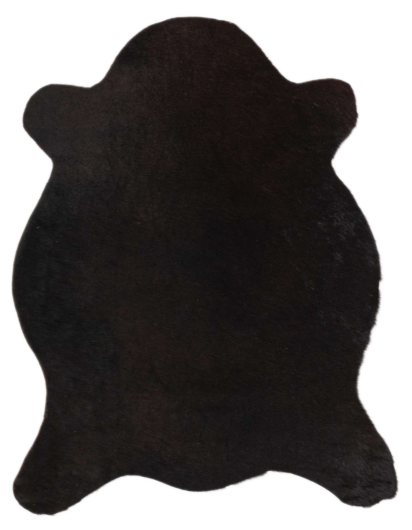 A 2x3 black cowhide leather rug with a natural, irregular shape, ideal for modern entryways or bathrooms.