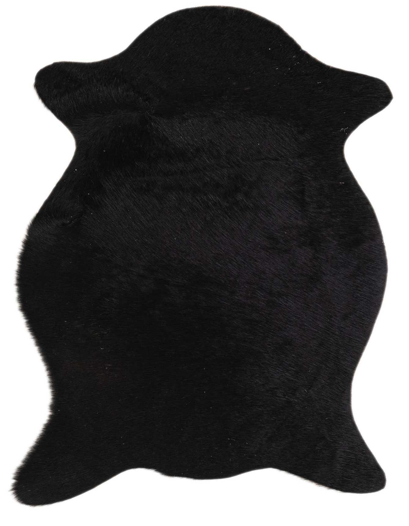 A 2x3 black cowhide leather rug with a natural, irregular shape, suitable for a modern living room or entryway.