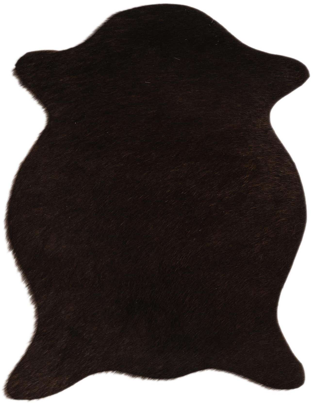 A 2x3 rectangular black cowhide rug with a flat, textured pile, suitable for a kitchen or entryway.