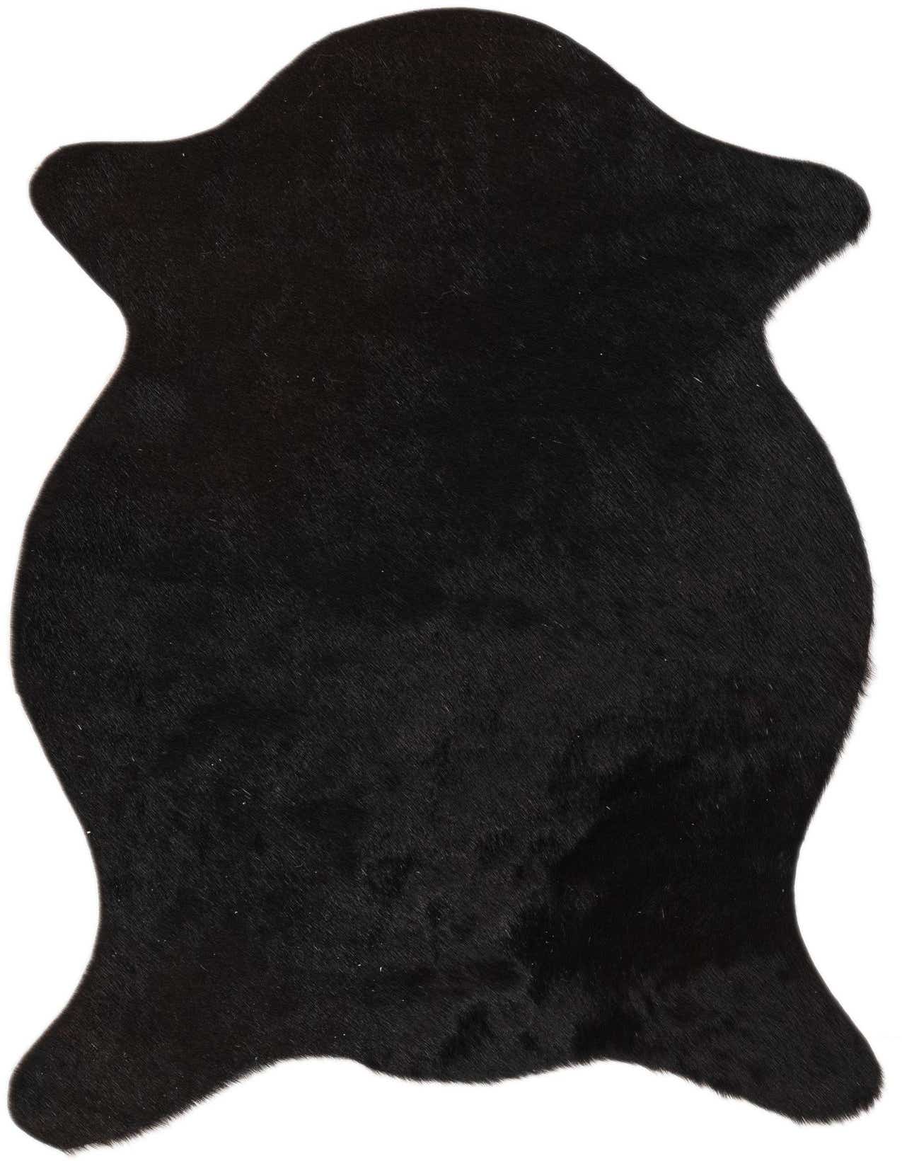 A 2x3 black cowhide rug with a natural, irregular shape, featuring a short, flat, textured pile.