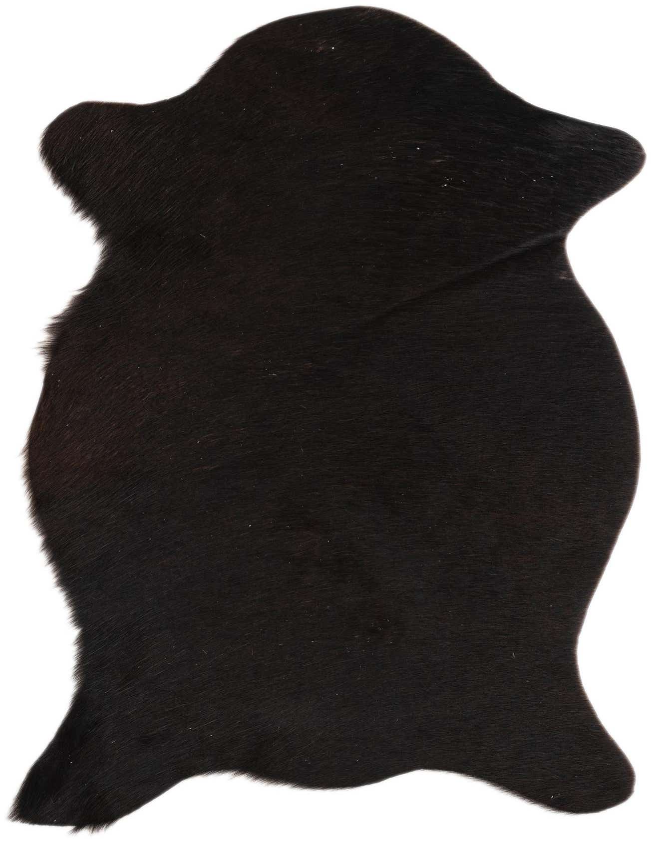 A 2x3 rectangular black cowhide rug with a natural, irregular shape and flat, textured pile.
