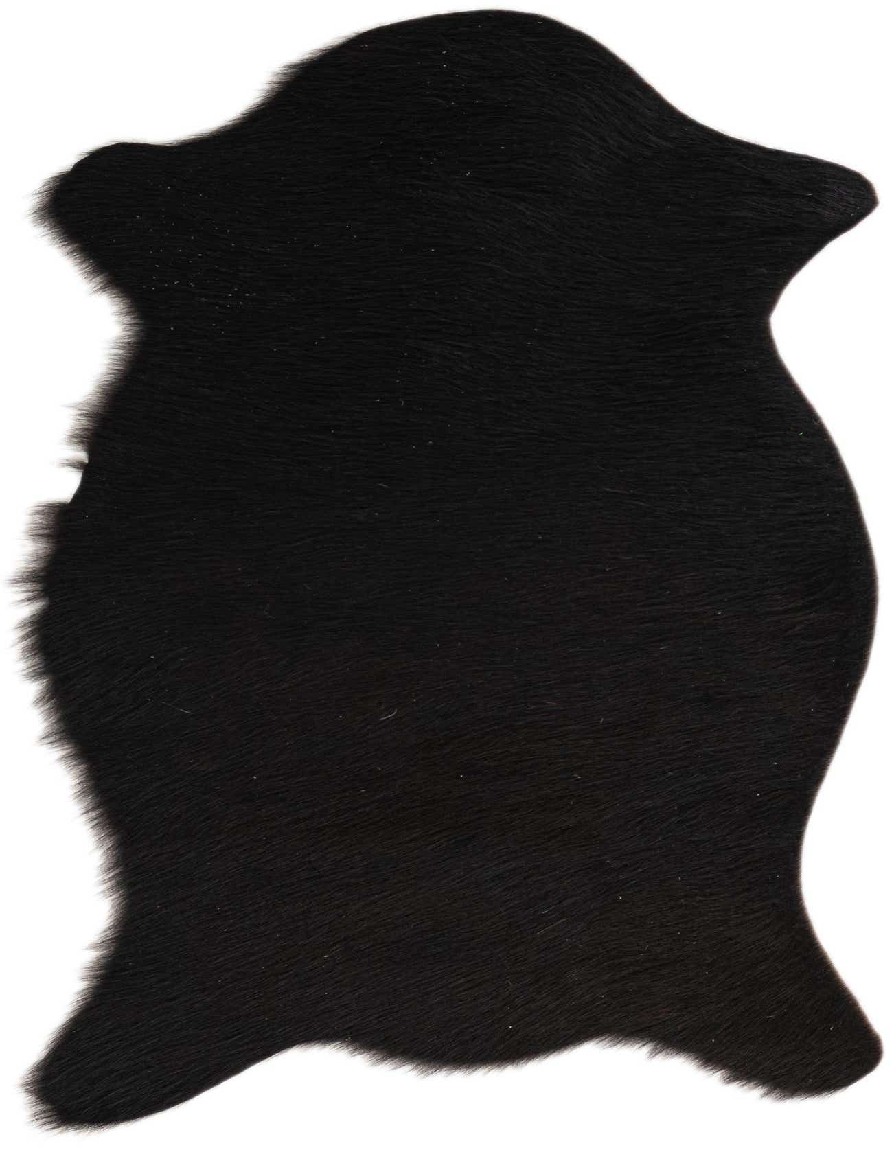 A 2x3 black cowhide leather rug with a natural, irregular shape, showcasing its flat, textured pile.