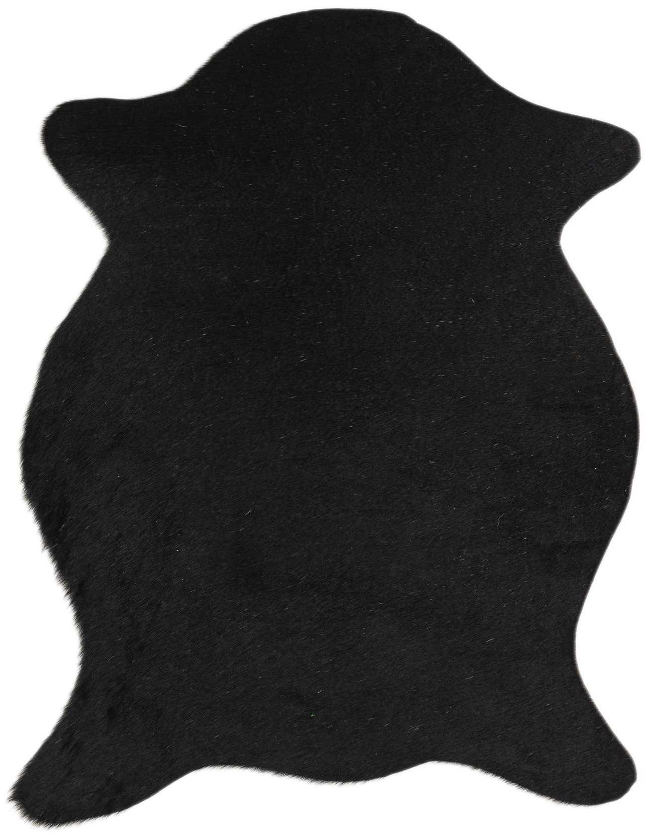 A 2x3 black cowhide leather rug with a natural, irregular shape, suitable for a modern living space.