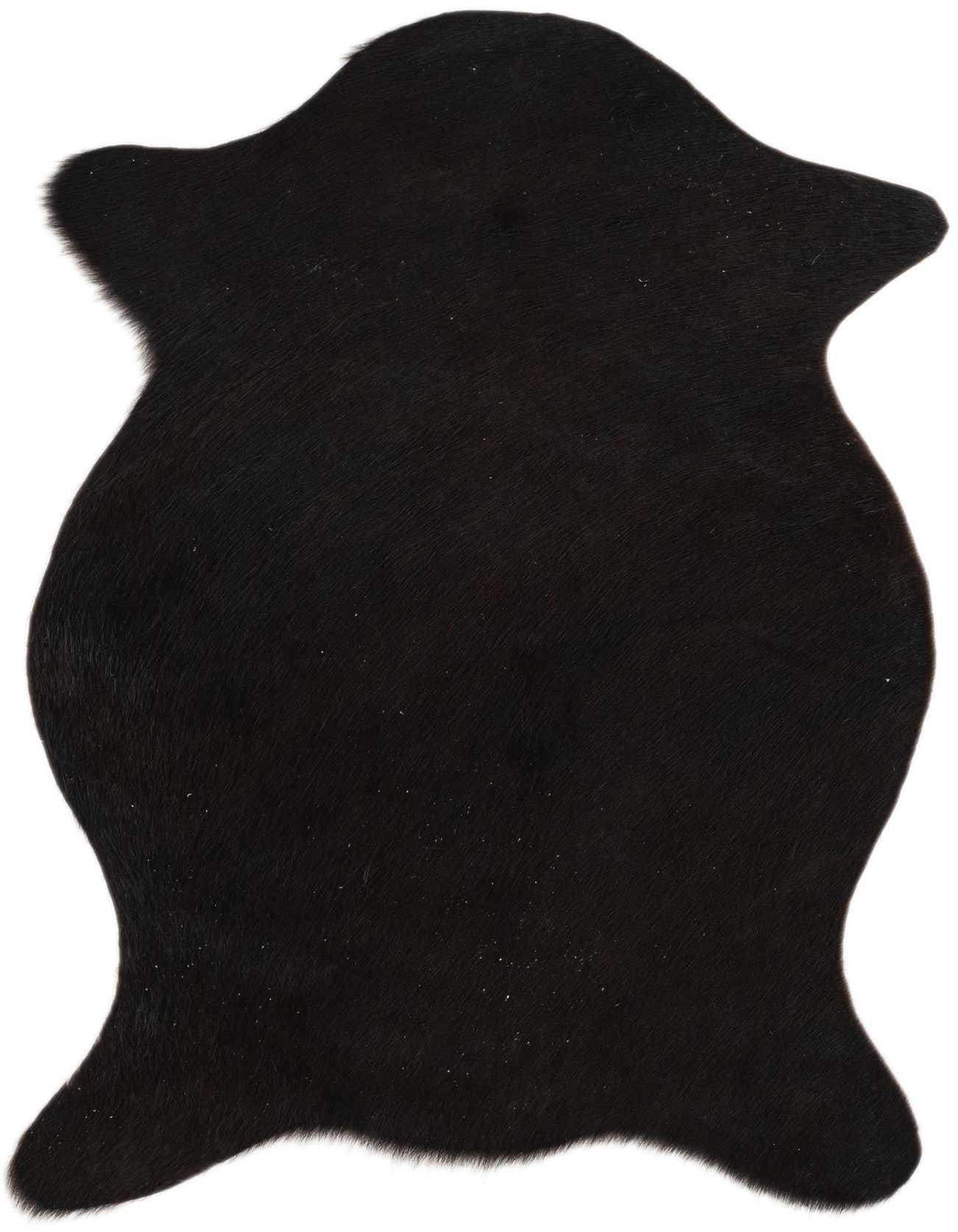 A 2x3 black cowhide leather rug with a natural, irregular shape, featuring a flat, textured pile.