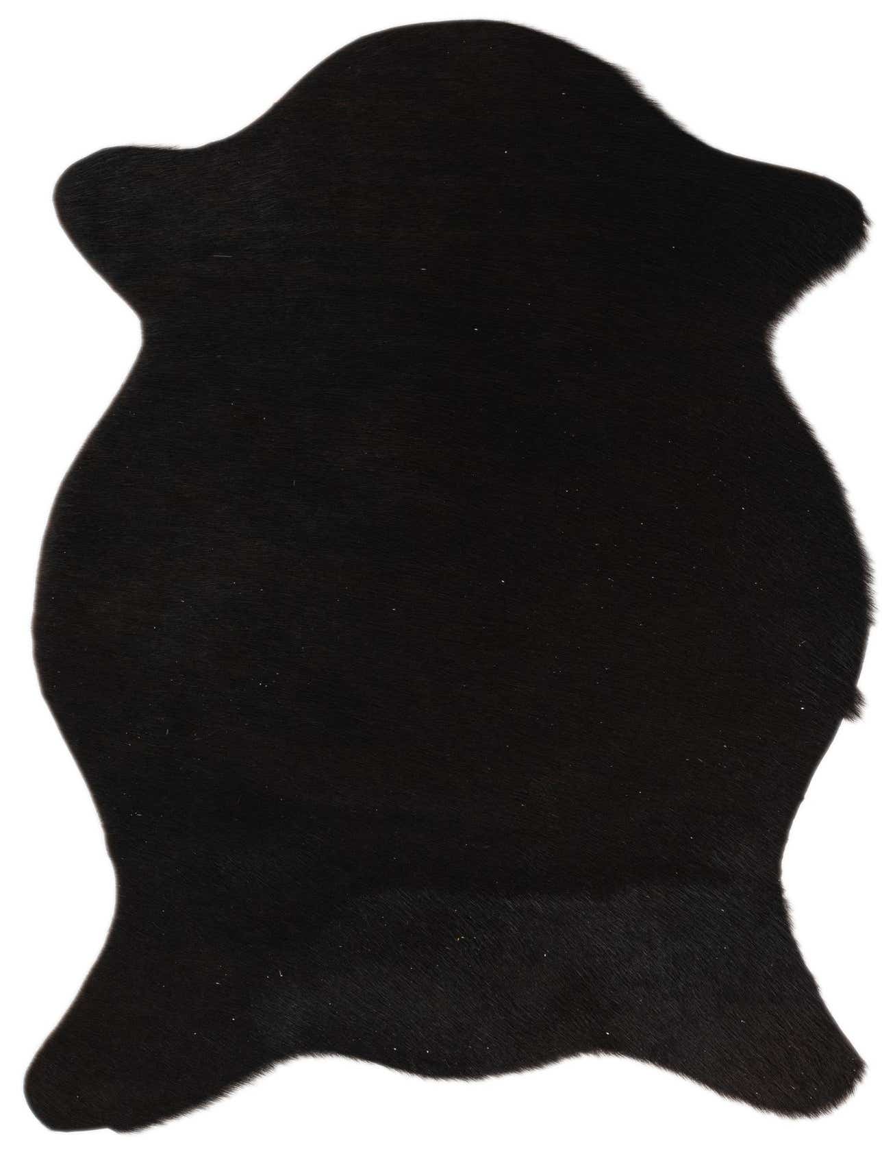 A 2x3 black rectangular cowhide leather rug with a natural, irregular shape and flat pile.