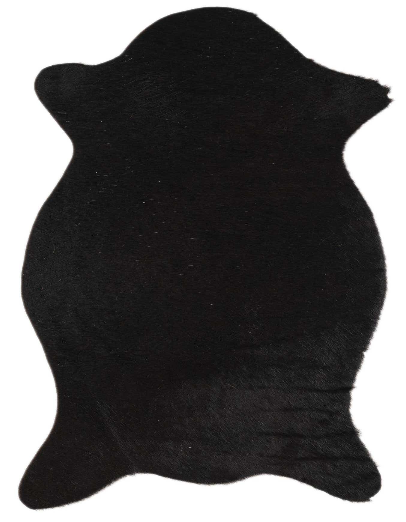 A 2x3 black rectangular cowhide leather rug with a natural, irregular shape and flat pile, ideal for a modern entryway.