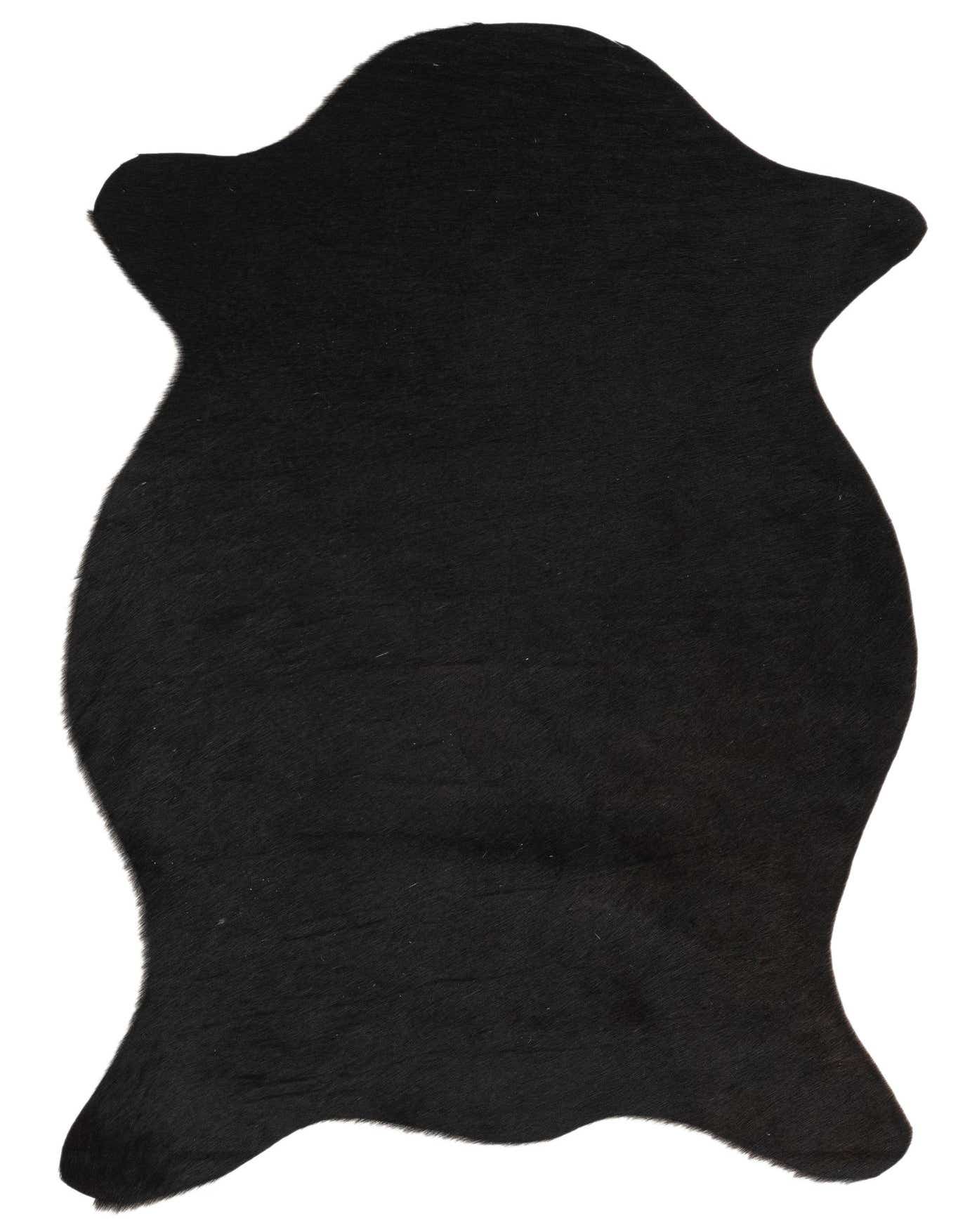 A 2x3 black cowhide leather rug with a natural, irregular shape, showcasing its sleek, modern aesthetic.