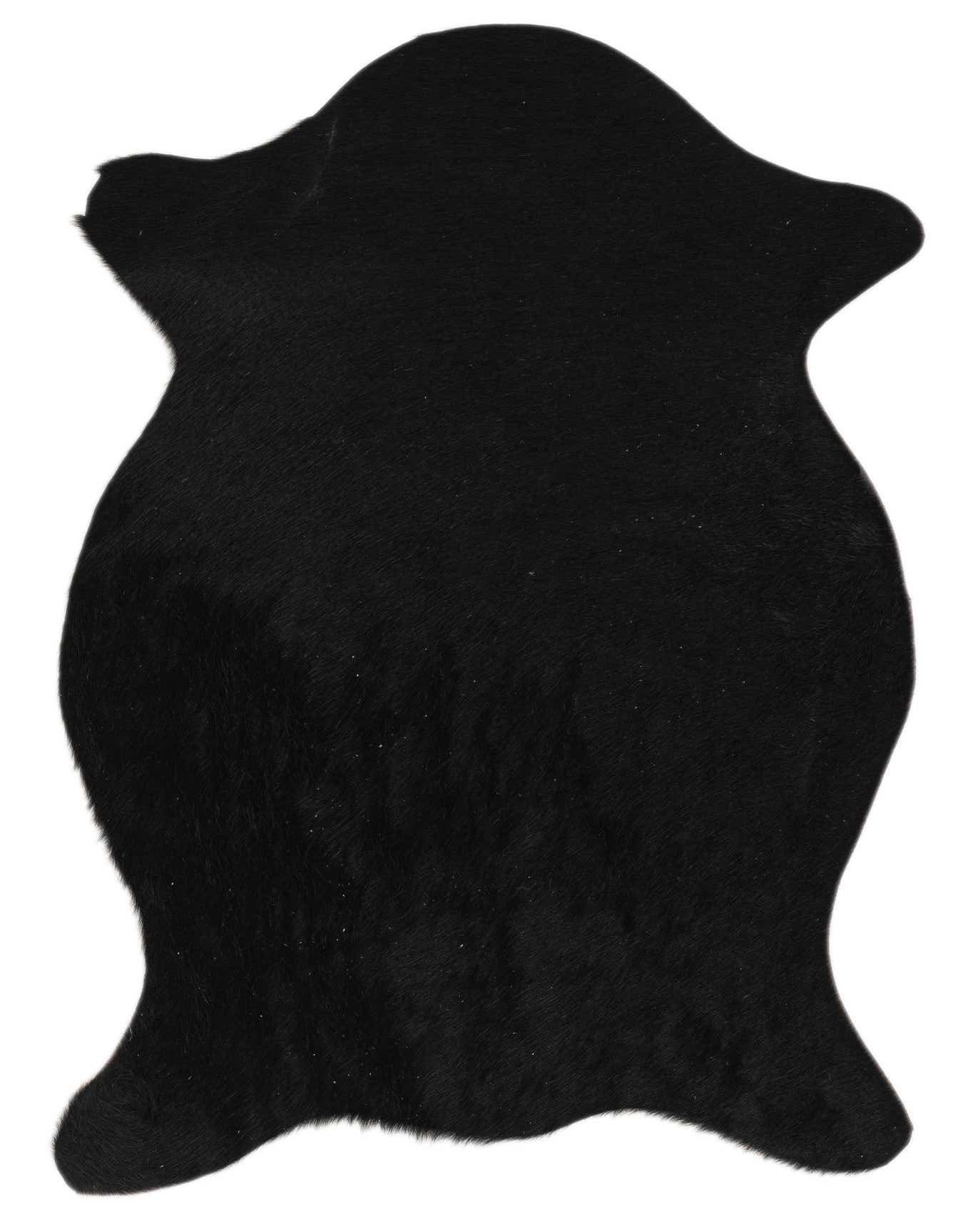 A 2x3 black cowhide leather rug with an organic, irregular shape, suitable for a modern entryway.