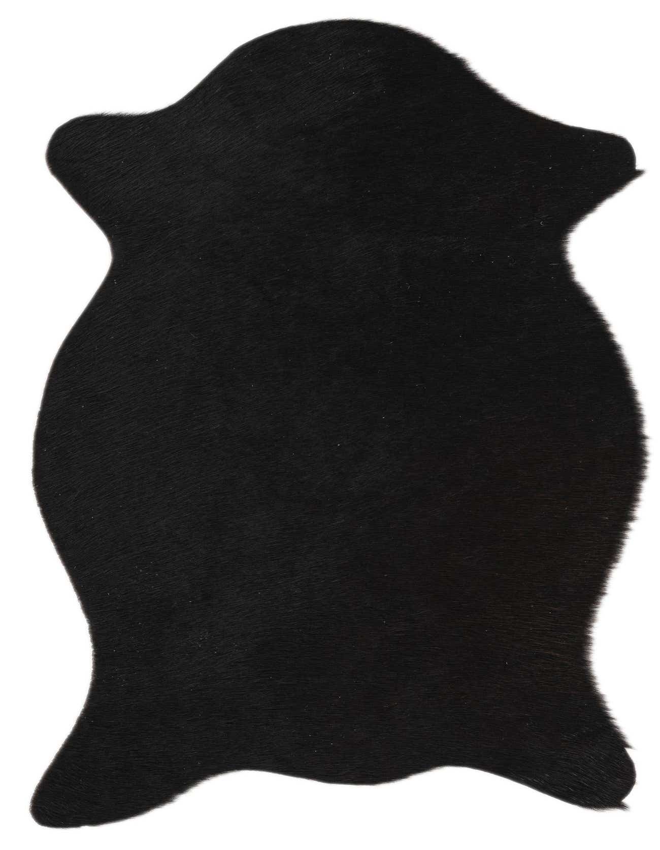 A 2x3 rectangular black cowhide rug with a flat, textured pile, suitable for a modern kitchen or entryway.