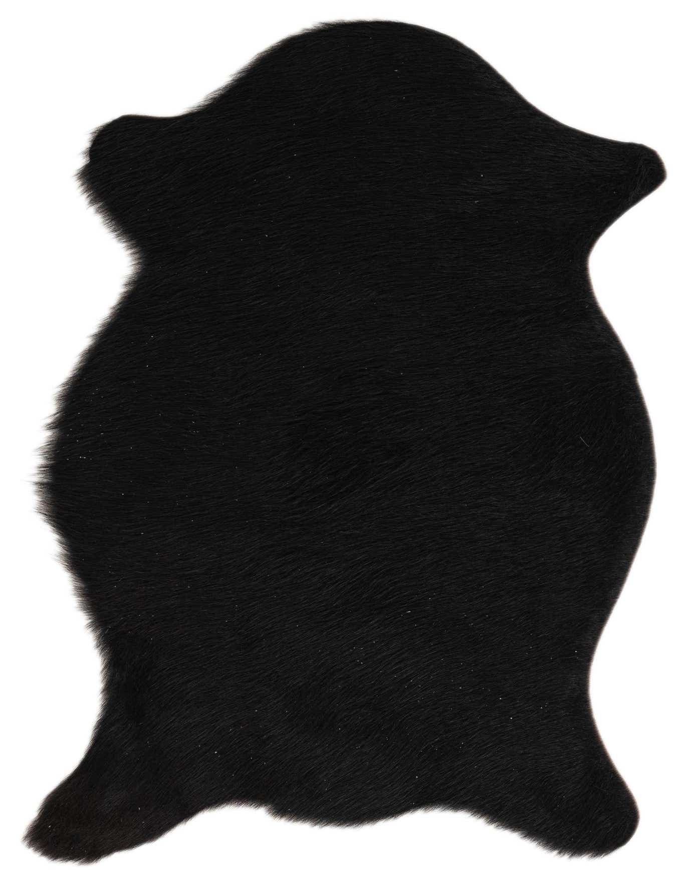 A 2x3 rectangular black cowhide rug with a natural, irregular shape and flat, textured pile.