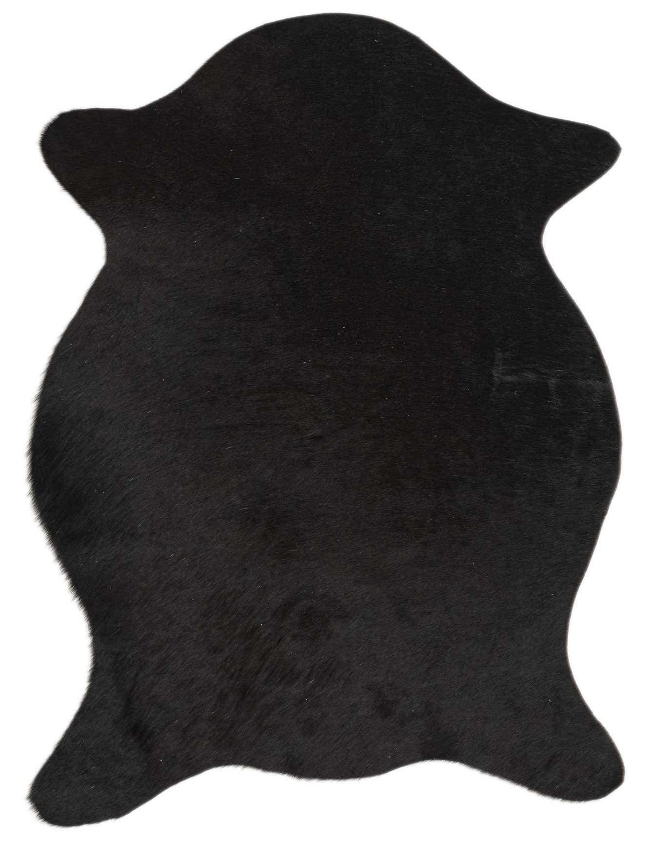 A 2x3 black rectangular cowhide rug with a modern shape and flat, textured pile, suitable for various indoor spaces.