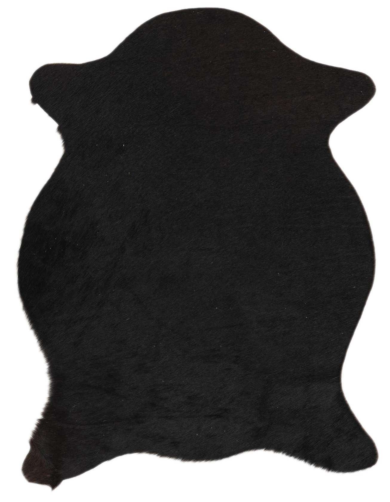 A 2x3 black rectangular cowhide rug with a natural, irregular shape, showcasing its sleek, modern texture.