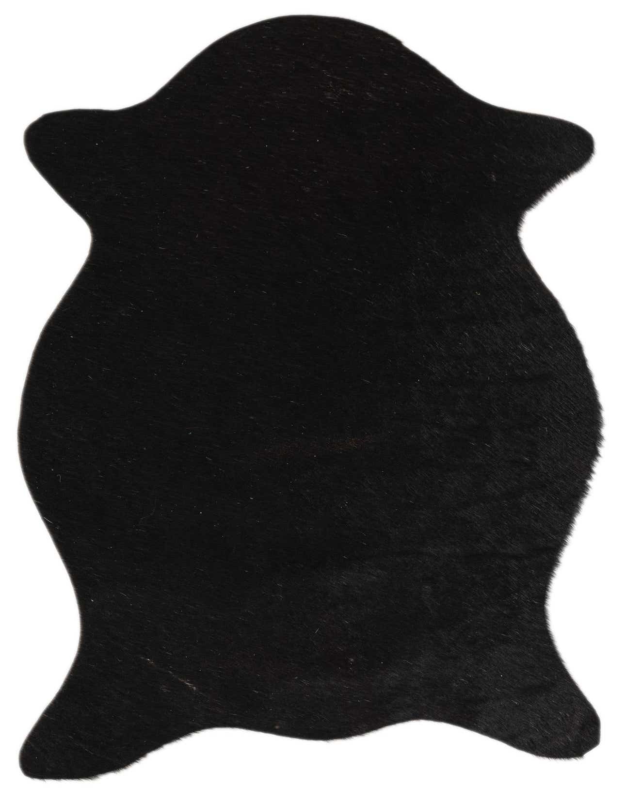A 2x3 rectangular black cowhide rug with a modern, flat, textured pile, perfect for a kitchen or entryway.