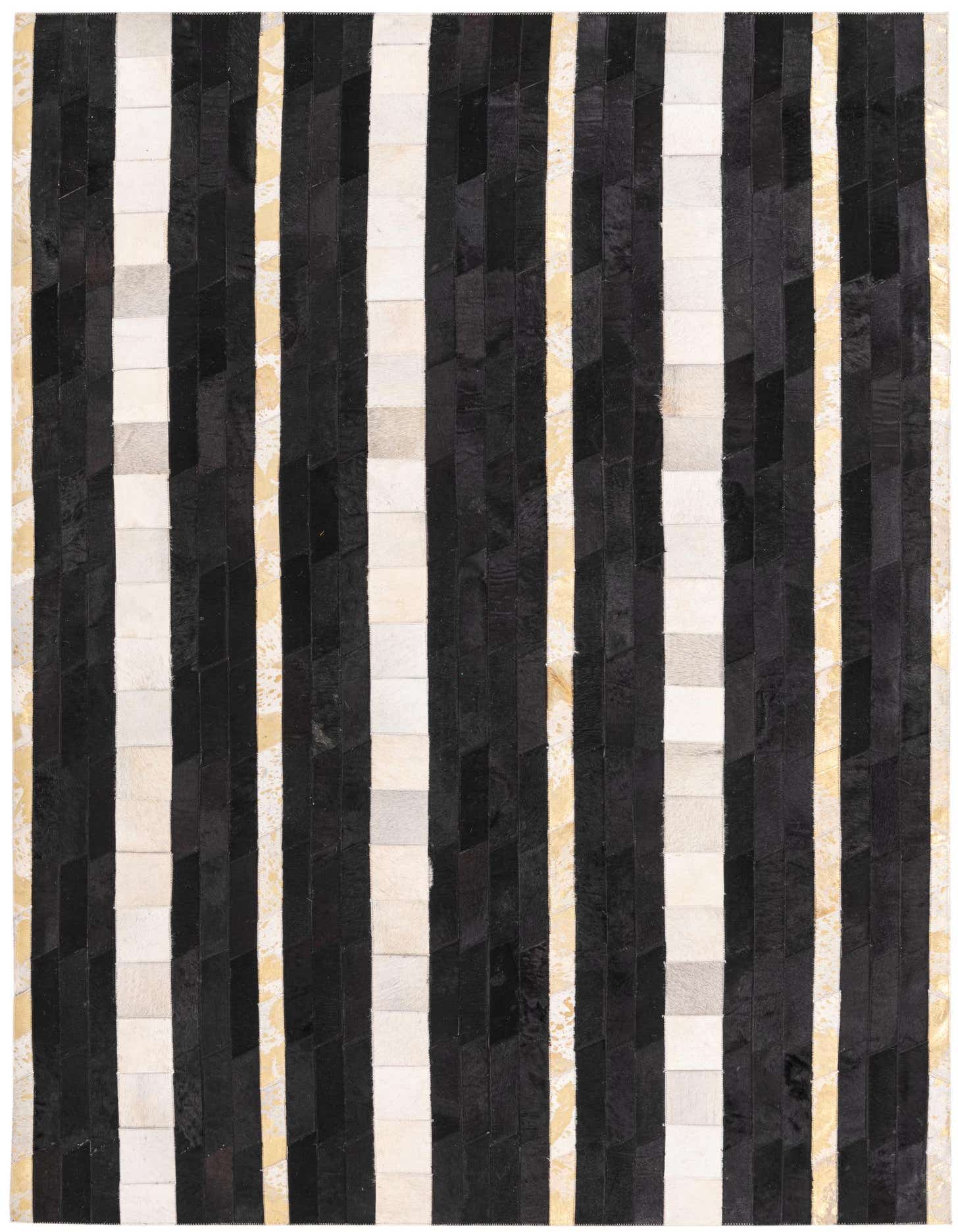 A 5x8 rectangular Cowhide rug with a modern stripe pattern in black, white, and gold, suitable for a living room.