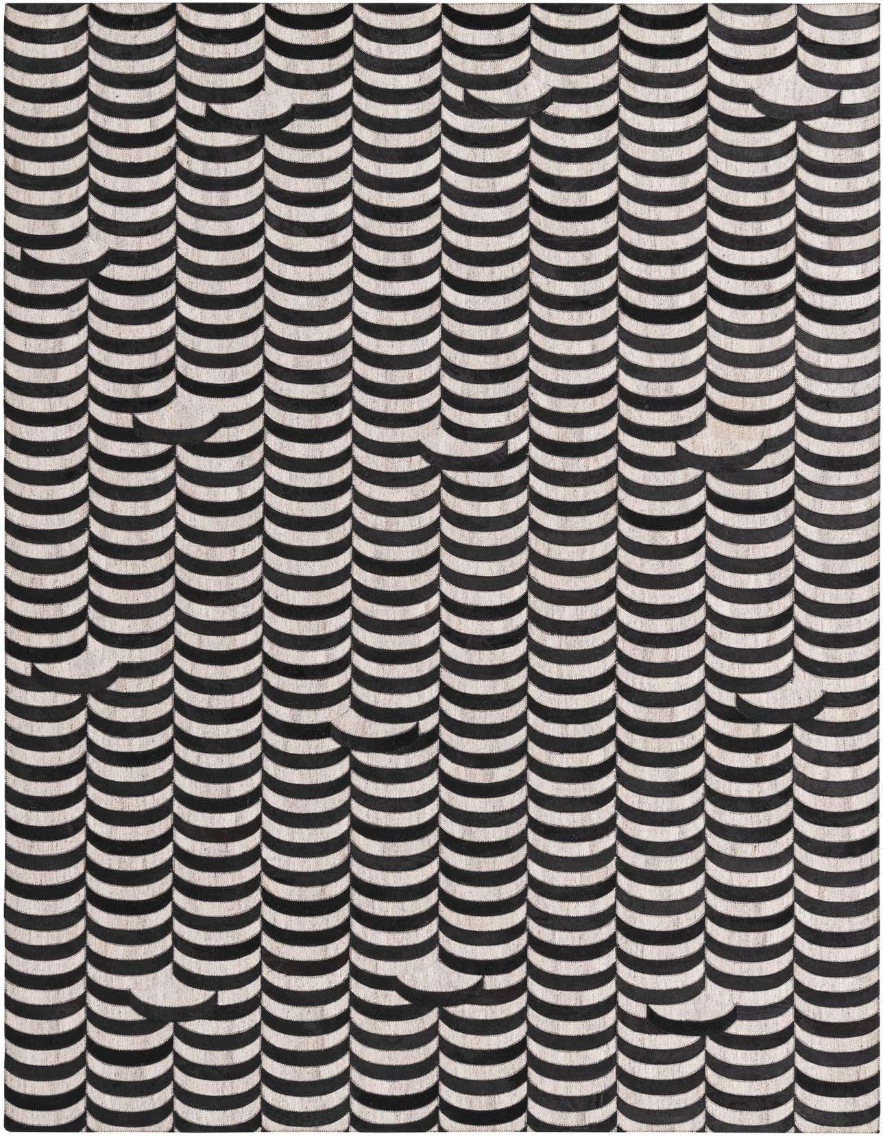 A 5x8 rectangular black and white modern cowhide rug featuring a repeating half-moon or scallop pattern.