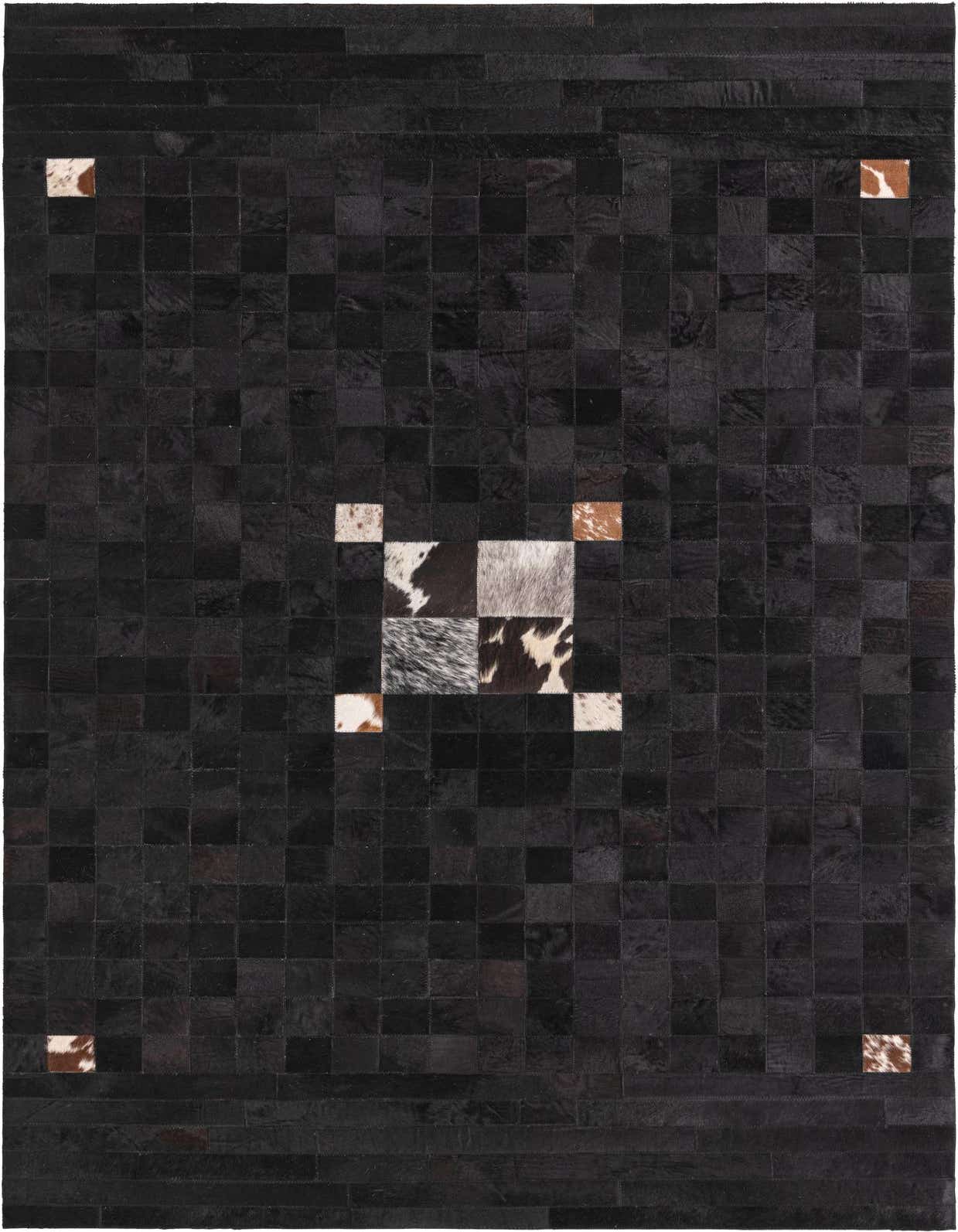 A 5x8 rectangular black cowhide rug with a modern medallion pattern featuring natural brown and white patches.