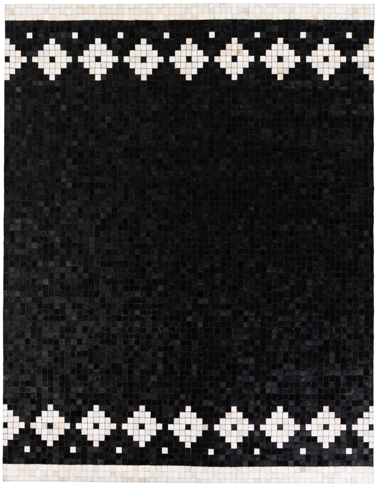 A rectangular 8x10 black cowhide rug with a modern geometric white diamond border pattern at the top and bottom.