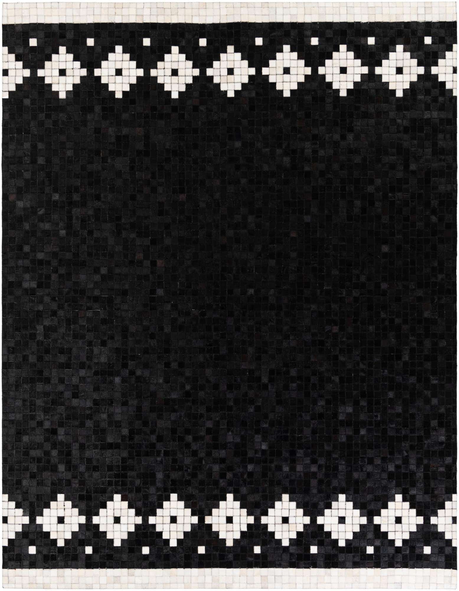 A rectangular 8x10 black cowhide rug featuring a modern geometric border pattern in white, suitable for a living room.