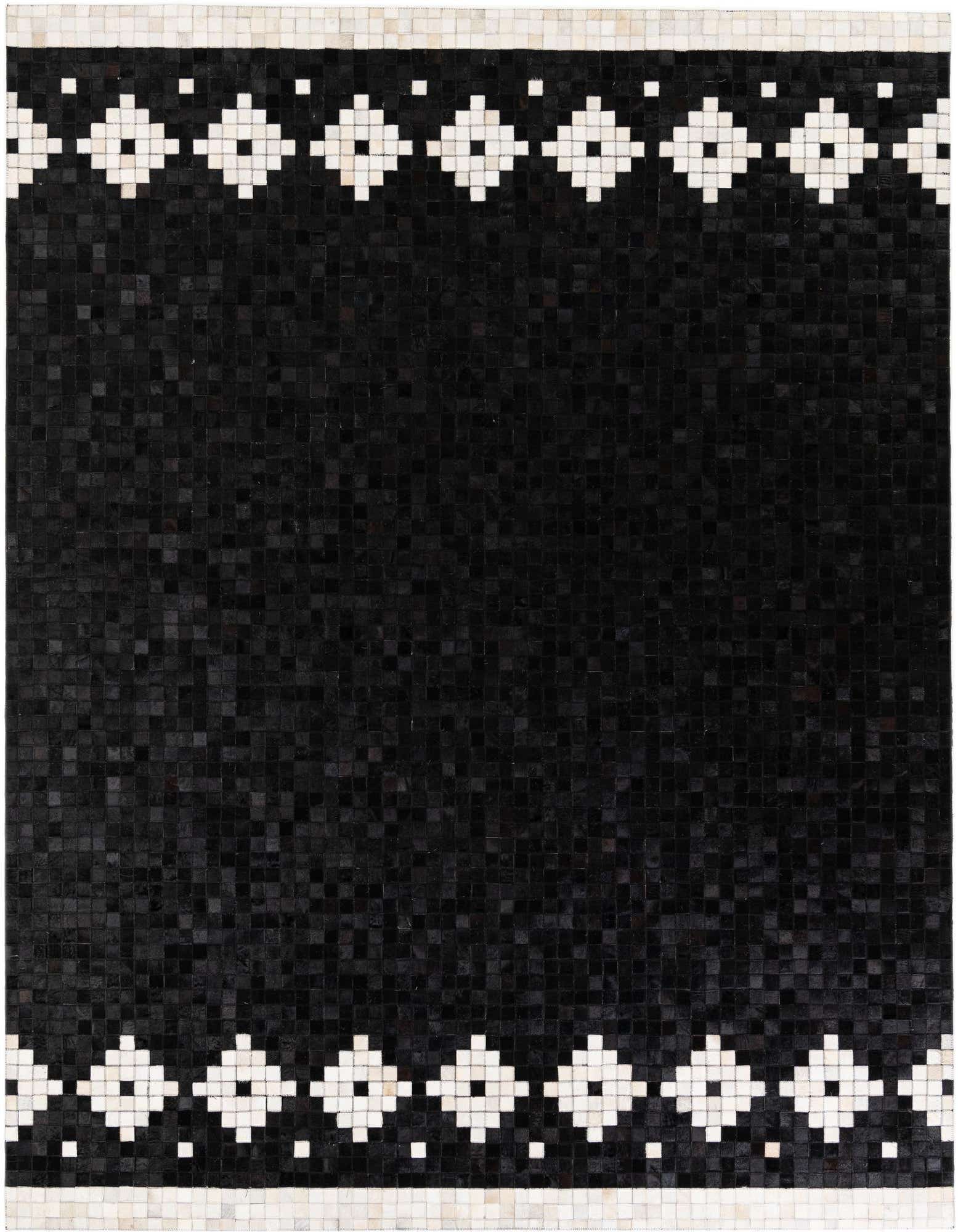 A rectangular 8x10 black cowhide rug with a modern geometric white diamond border pattern on the top and bottom edges.
