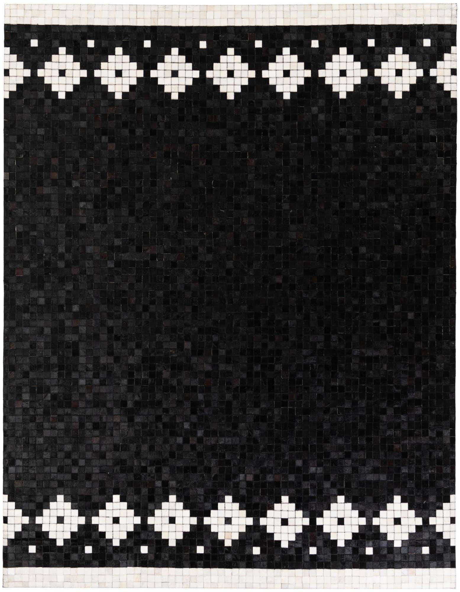 A rectangular 8x10 black cowhide rug with a modern geometric white border pattern at the top and bottom.