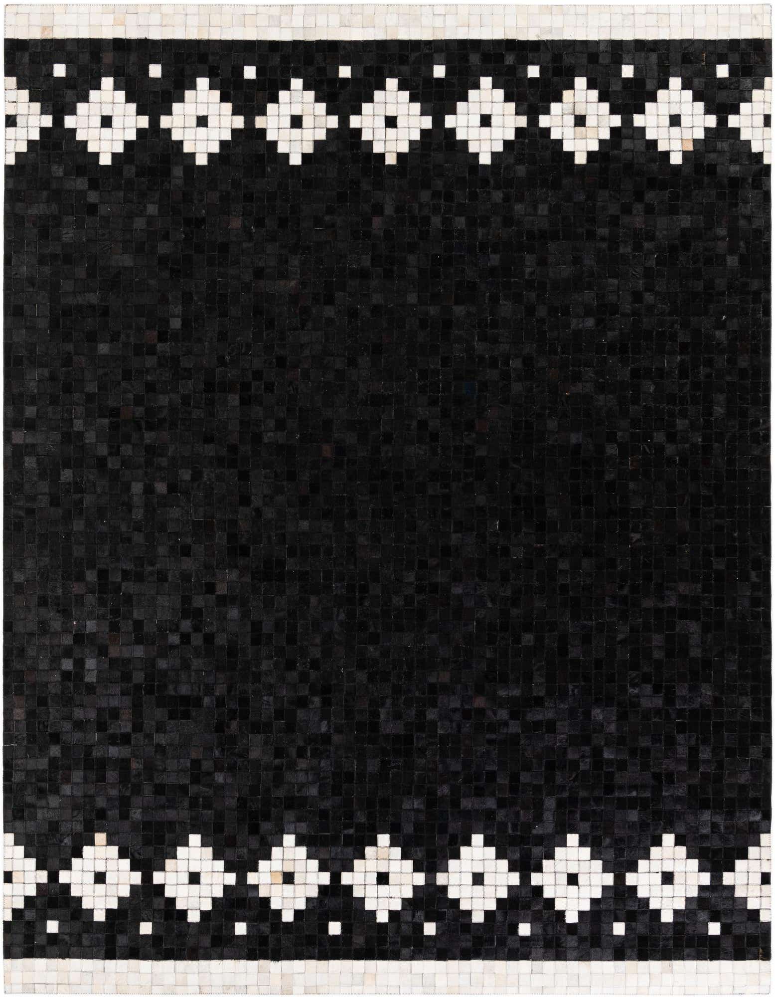 A rectangular 8x10 black modern cowhide rug with white geometric diamond patterns along the top and bottom borders.