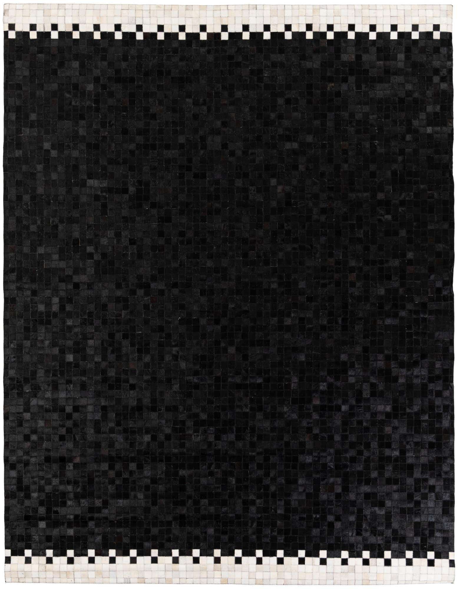 A rectangular 8x10 black modern cowhide rug featuring a white and black checkered border on the top and bottom edges.