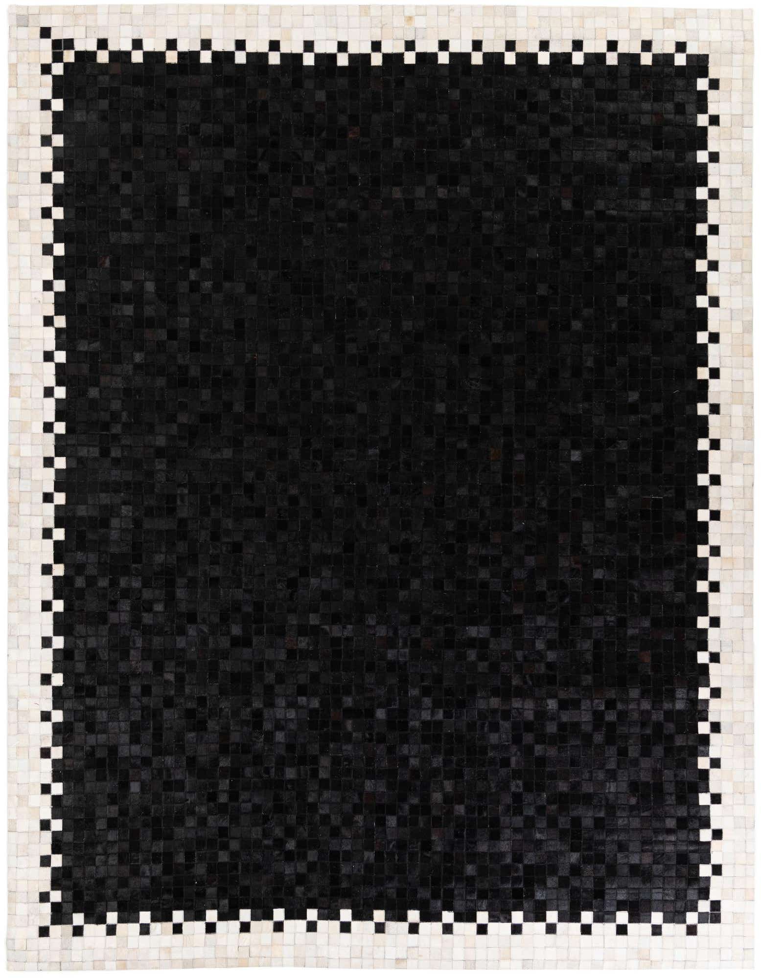 8x10 rectangular modern black cowhide rug with a white and black checkered border, suitable for a living room.