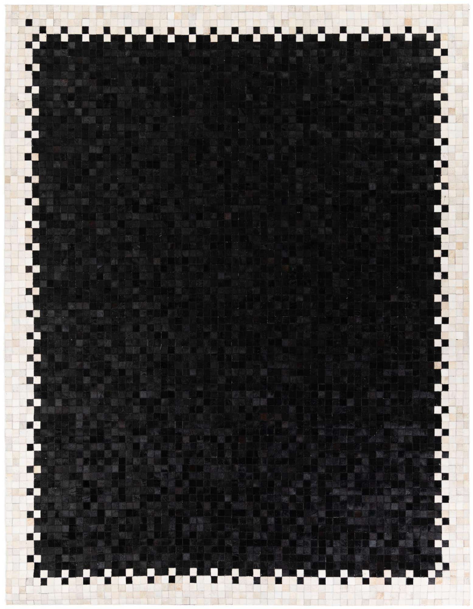 8x10 rectangular modern rug with a solid black cowhide center and a white and black checkered border.