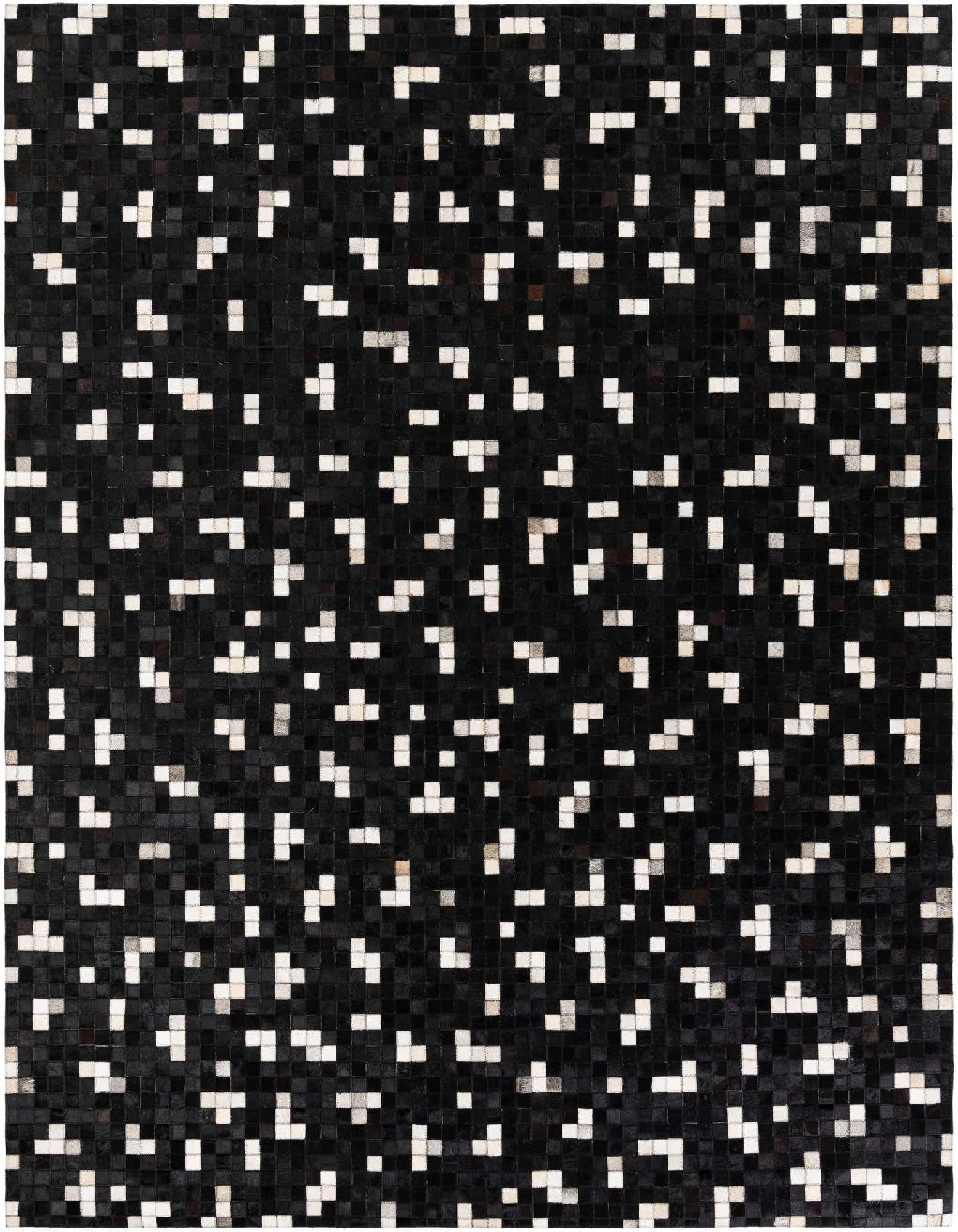 A modern 8x10 rectangular black cowhide rug with a pixelated pattern of scattered white and gray squares.