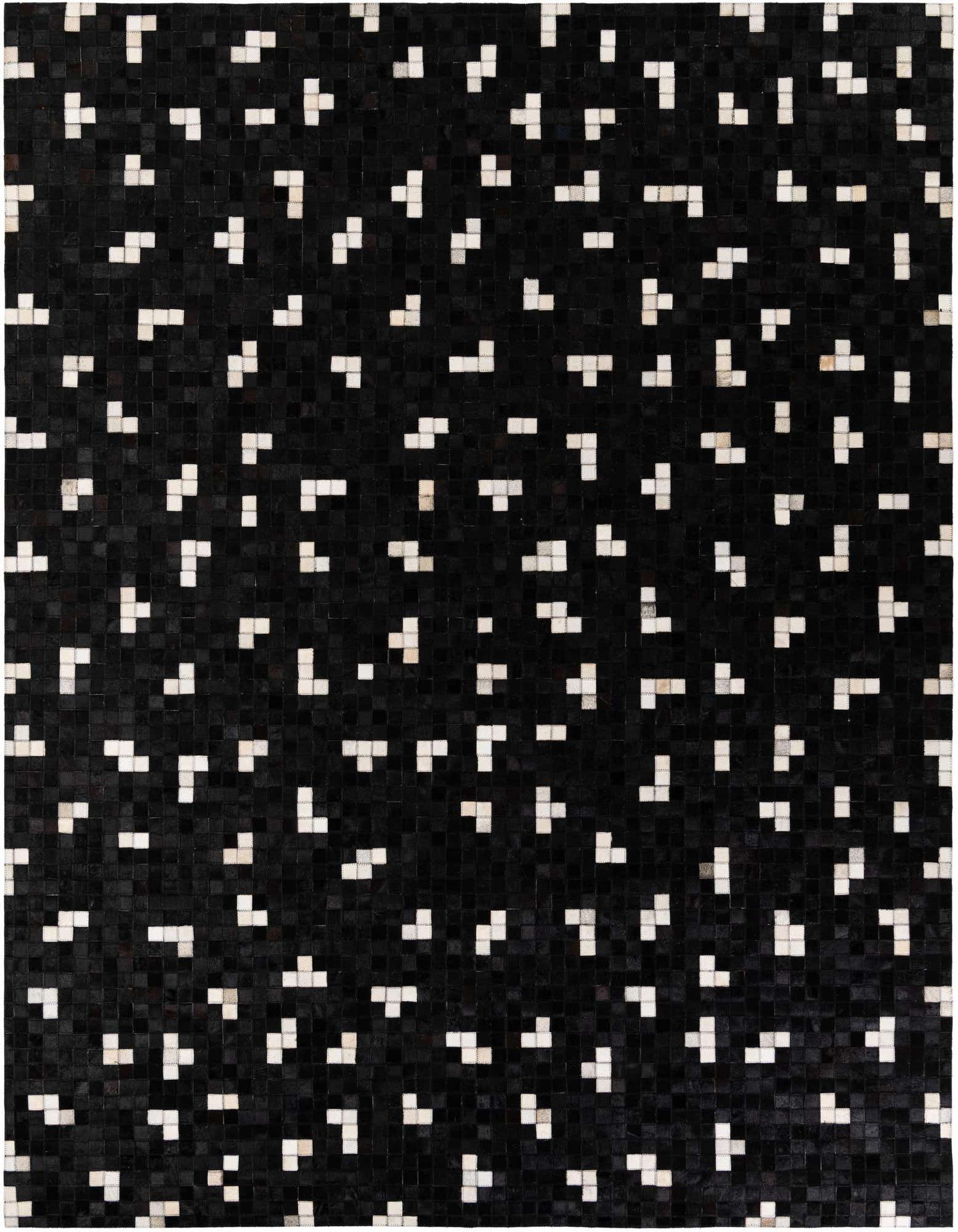 A rectangular 8x10 black cowhide rug with a modern pattern of scattered white and off-white geometric shapes.