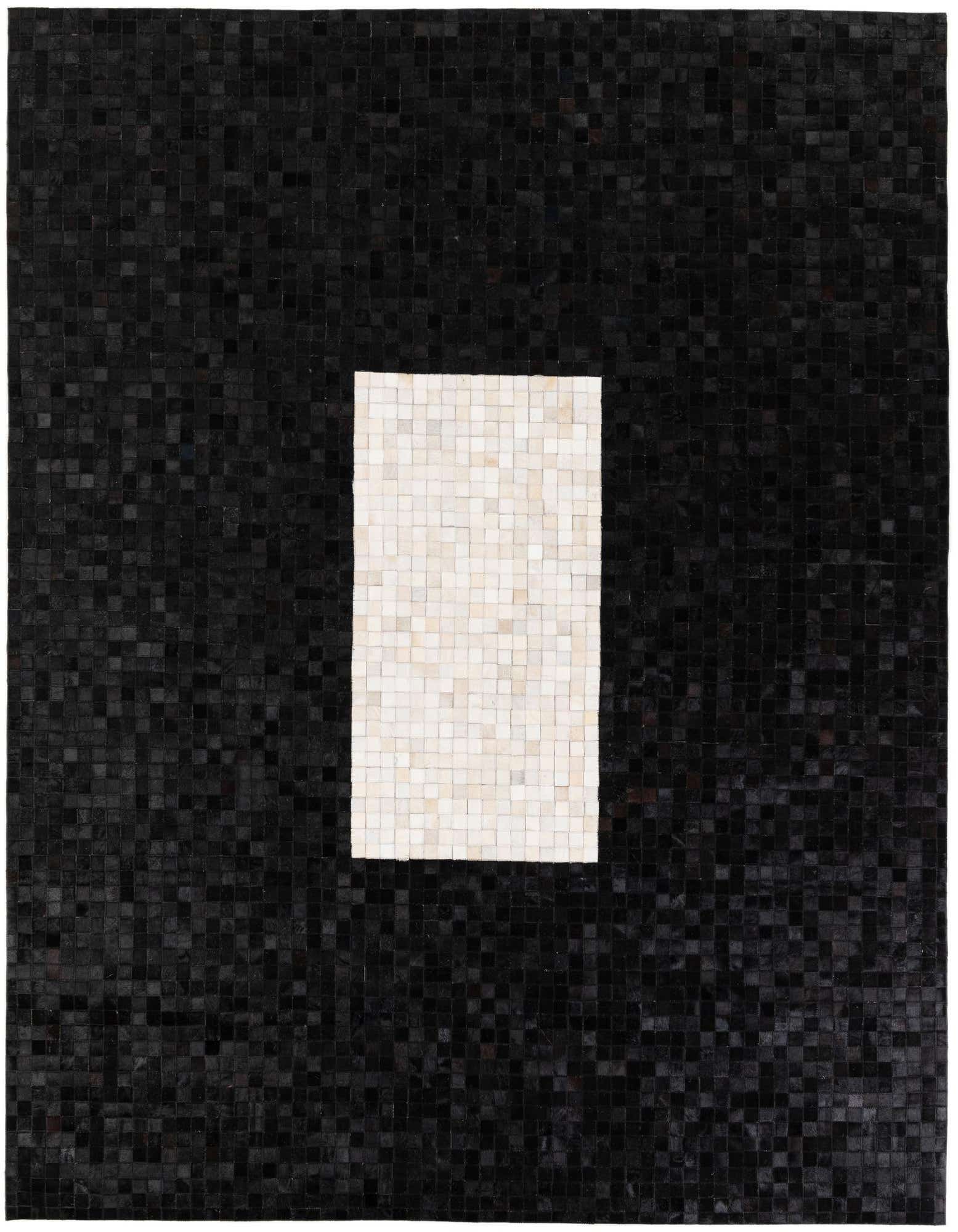 A modern 8x10 rectangular rug featuring a bold black background with a contrasting white rectangular block in the center, made from small cowhide and leather squares.