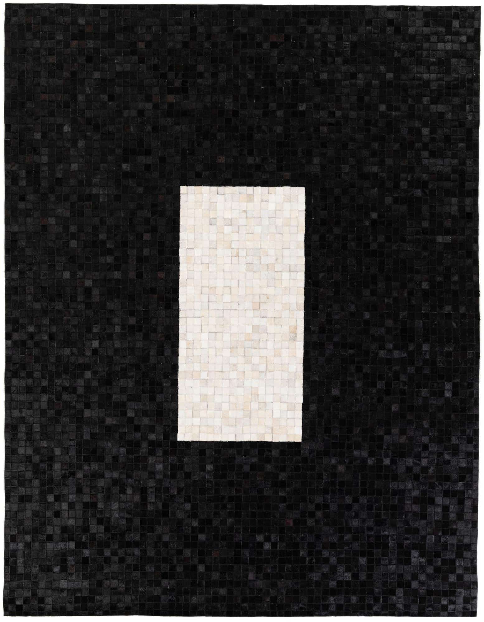 8x10 rectangular modern rug made from small black and white cowhide squares, with a central white rectangle.