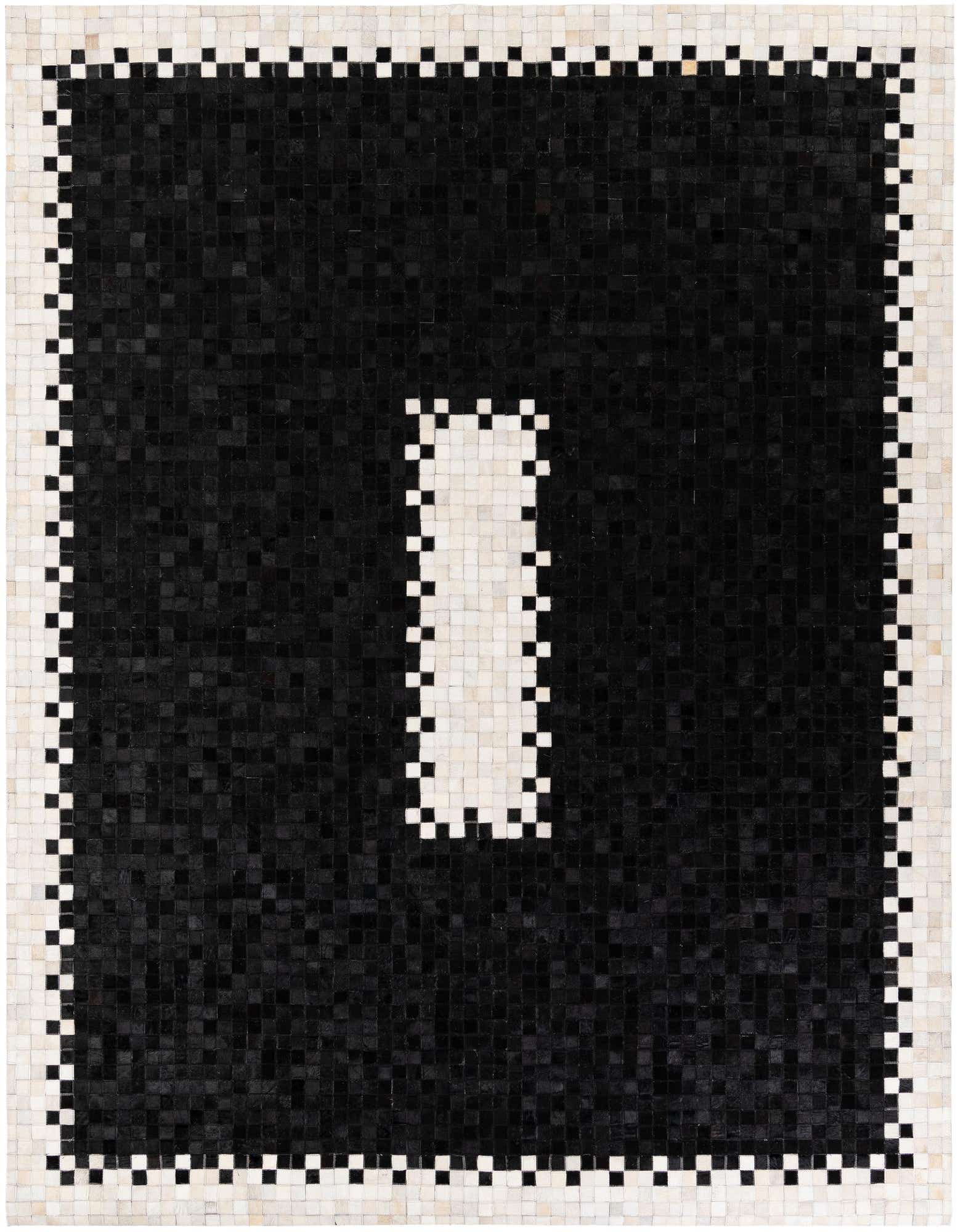 A modern 8x10 rectangular black and white cowhide rug with a bold black center and a white rectangular inner border, framed by a checkered outer border.
