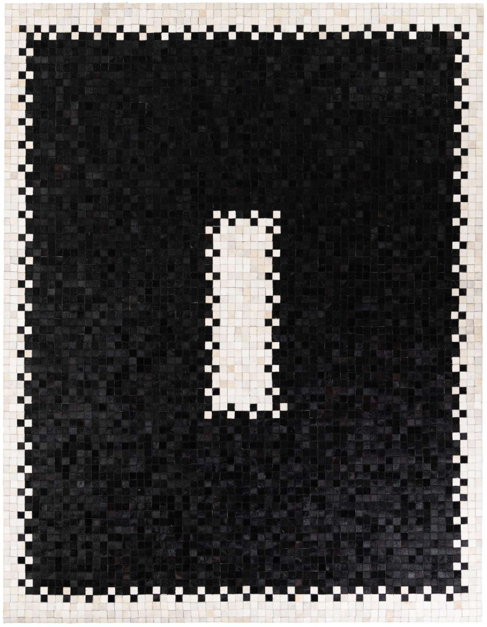 A modern 8x10 rectangular black and white cowhide rug with a bold checkered border and a central white rectangular accent.