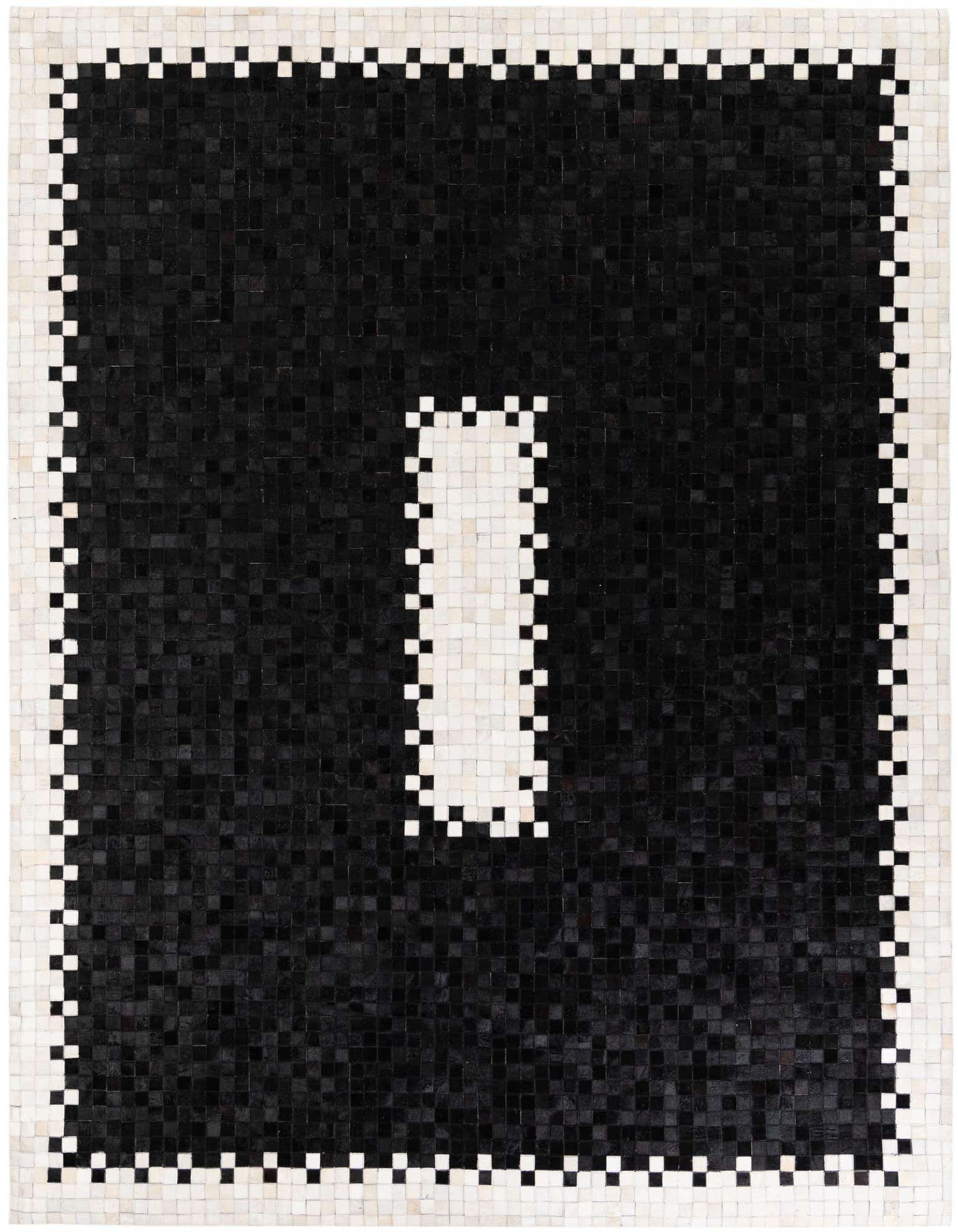 A modern 8x10 rectangular black and white cowhide rug with a bold black center and a white border featuring a black and white checkerboard pattern.
