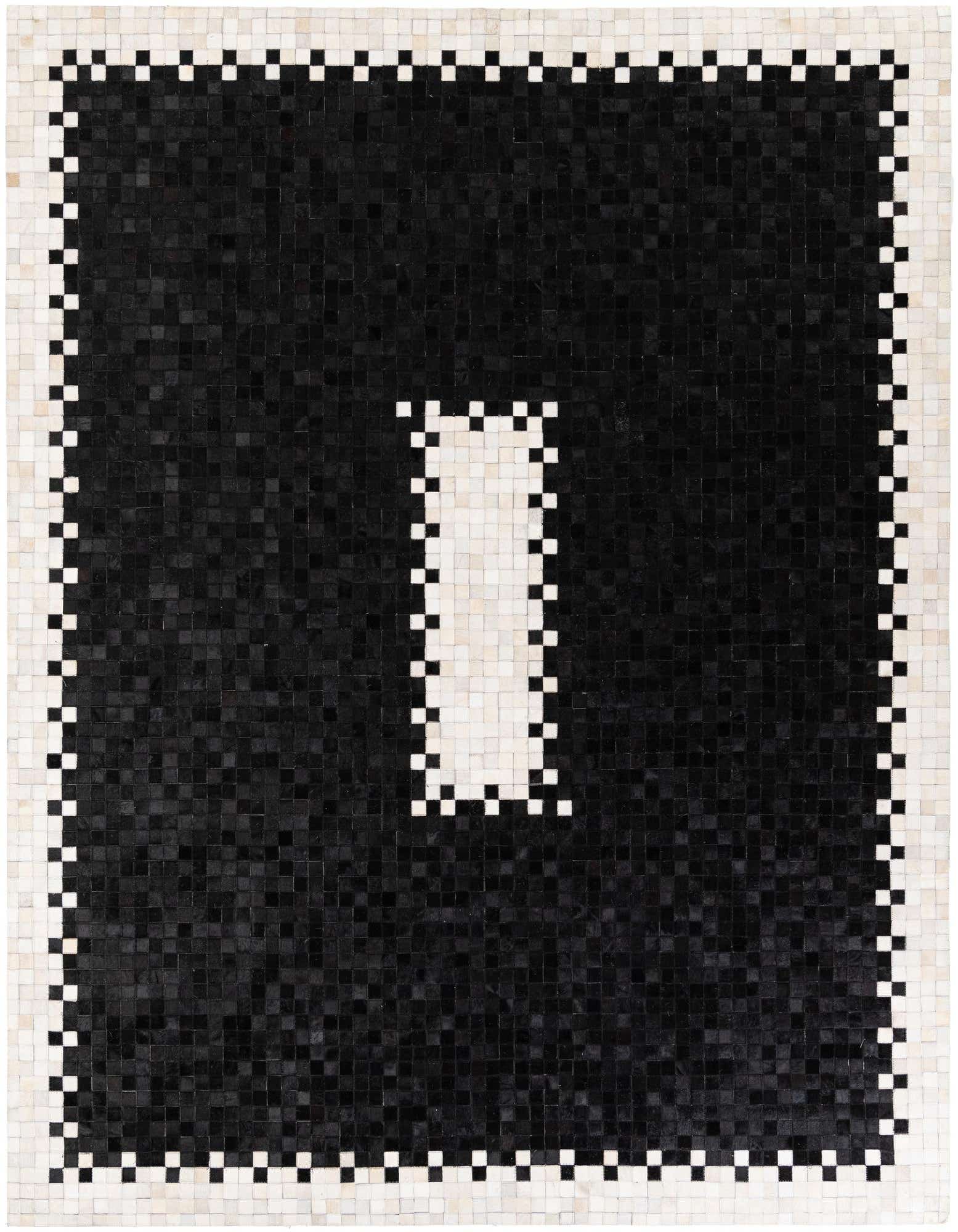 A modern 8x10 rectangular cowhide rug with a bold black field and a white rectangular border, featuring a central white rectangular accent.