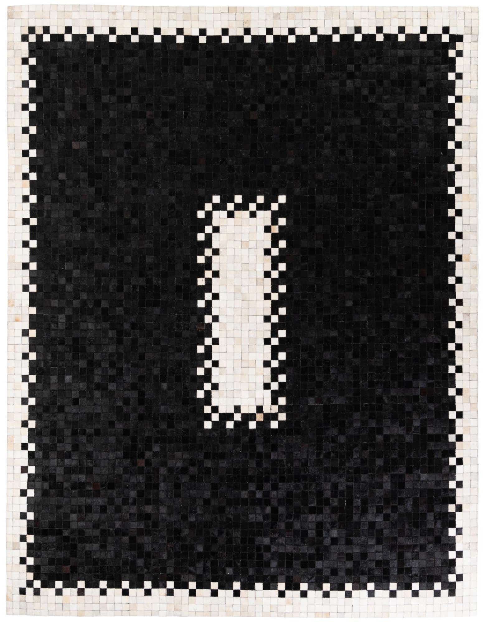 A modern 8x10 rectangular rug made from black and white cowhide squares, featuring a bold black field with a central white rectangular outline, bordered by a checkerboard pattern.